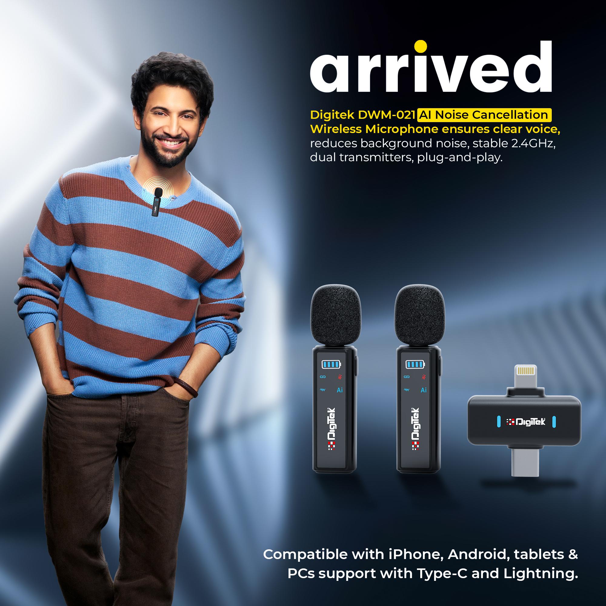 نظام الميكروفون اللاسلكي Digitek DWM-021 مع خاصية إلغاء الضوضاء بالذكاء الاصطناعي لأجهزة أندرويد وآيفون