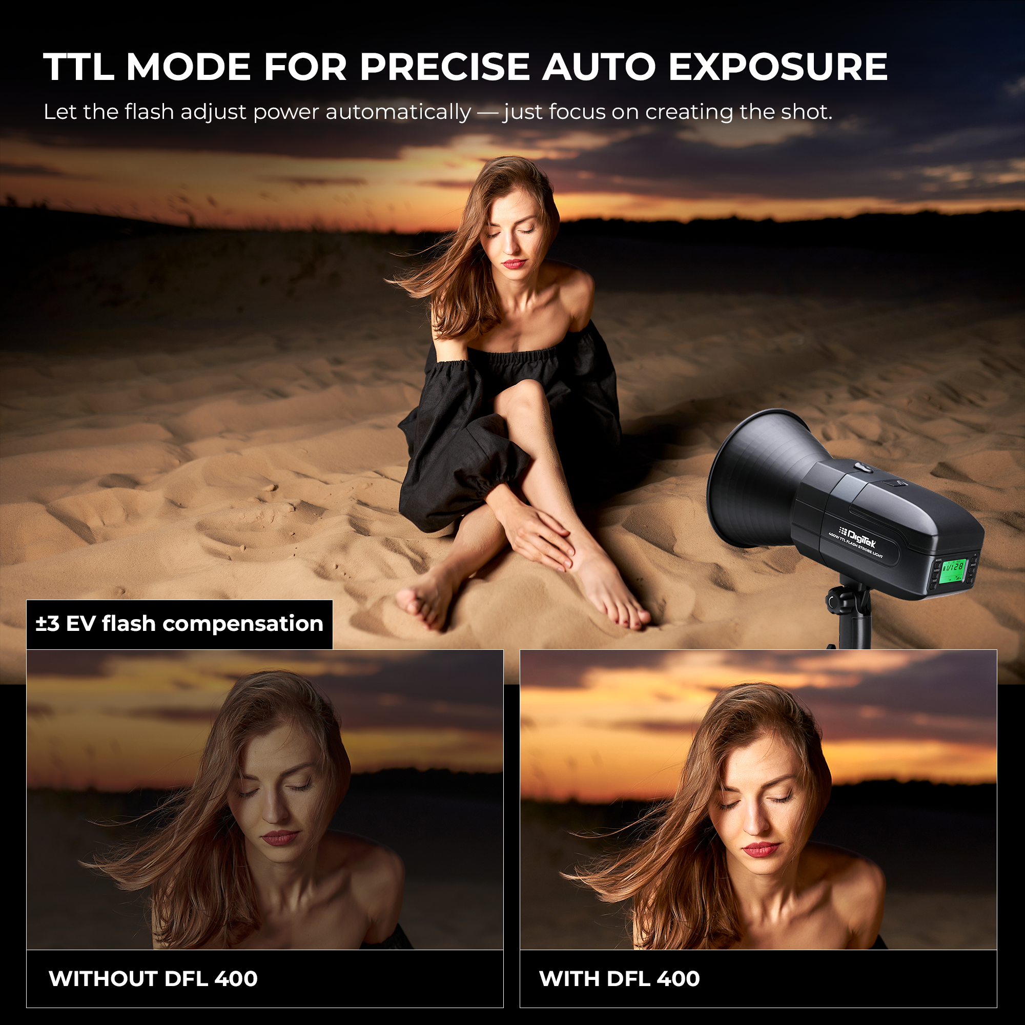 Digitek (DFL 400) High Speed 400W TTL Flash Strobe Light, Built-in TTL, 1/8000s HSS, 2.4G, 13W LED Modeling Lamp, Stroboscopic & Multi Flash, 5600K±200K, Fast Recycling, 500 Flashes, For Photo & Videography