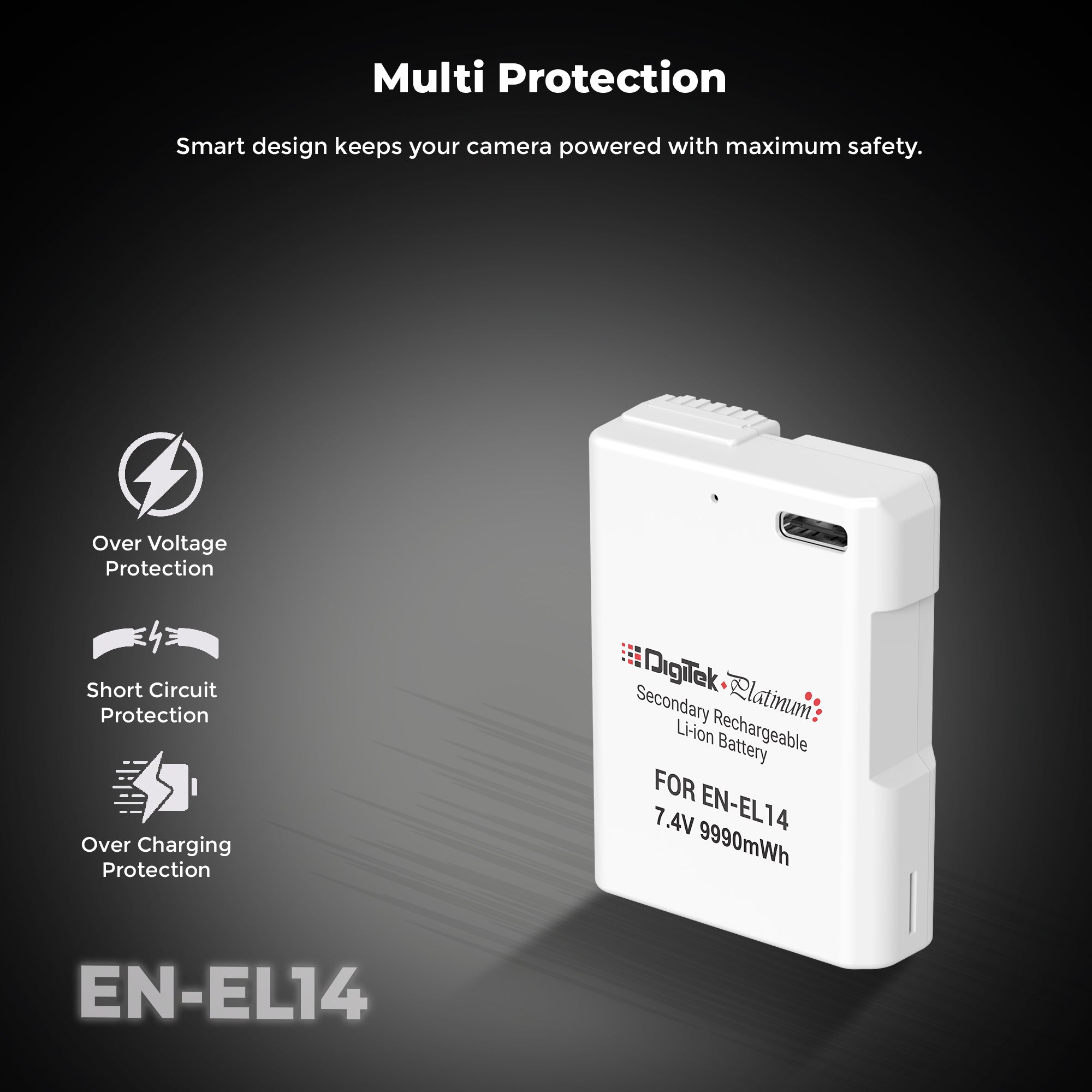 بطارية ديجيتك بلاتينيوم (EN-EL14 من النوع C) ليثيوم أيون 1350 مللي أمبير لكاميرات نيكون DSLR مع كابل شحن من النوع C، لكاميرات نيكون D3100، D3200، D3300، D3400، D3500، D5100–D5600، DF DSLR، و Coolpix P7000–P7800