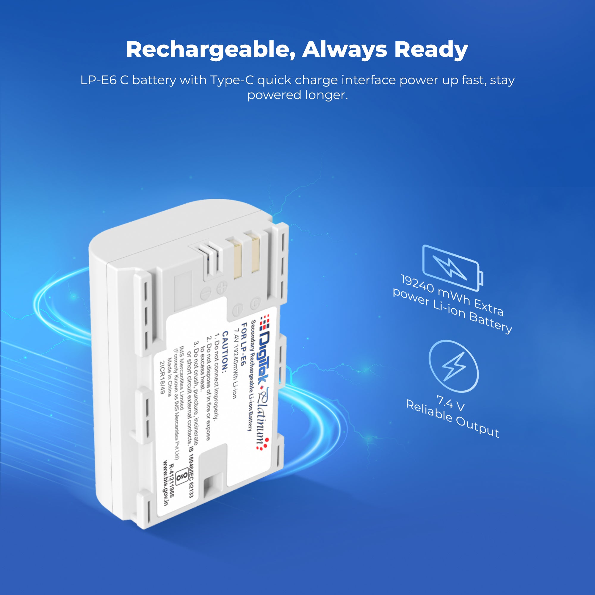 بطارية ديجيتك بلاتينيوم (LP-E6 من النوع C) ليثيوم أيون إضافية الطاقة بسعة 3000 مللي أمبير لكاميرات كانون DSLR مع كابل شحن من النوع C، متوافقة مع كاميرات كانون XC10، وXC15، وEOS 60D–90D، وسلسلة 5D، وسلسلة 6D، وسلسلة 7D، وEOS R/RA/R5/R6/R7