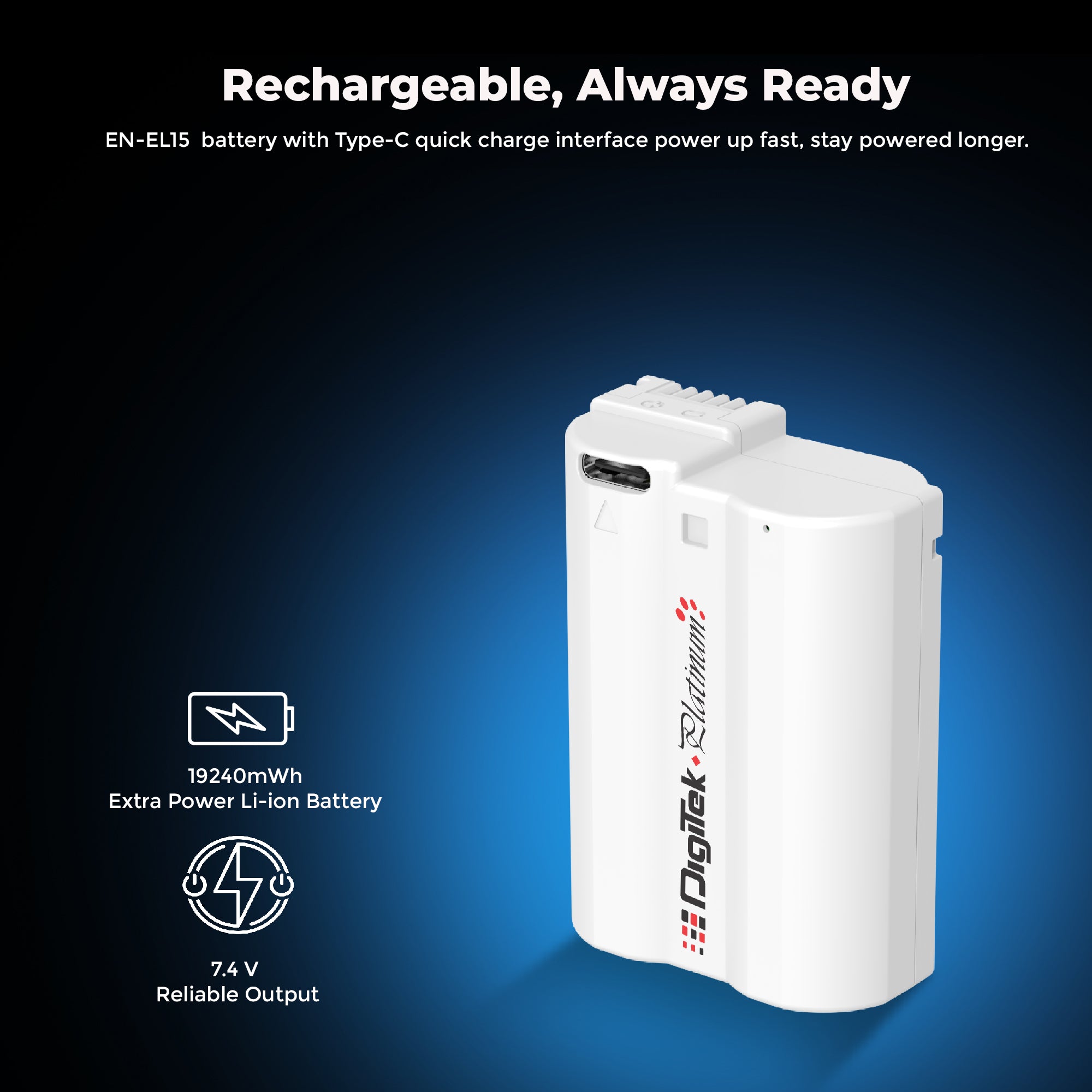 بطارية Digitek Platinum (EL-EL15 Type C) ليثيوم أيون 3000 مللي أمبير لكاميرات نيكون DSLR مع كابل Type-C، متوافقة مع كاميرات نيكون D500، D600، D610، D750، D800، D800E، D700، D7100، وD1V1 DSLR.