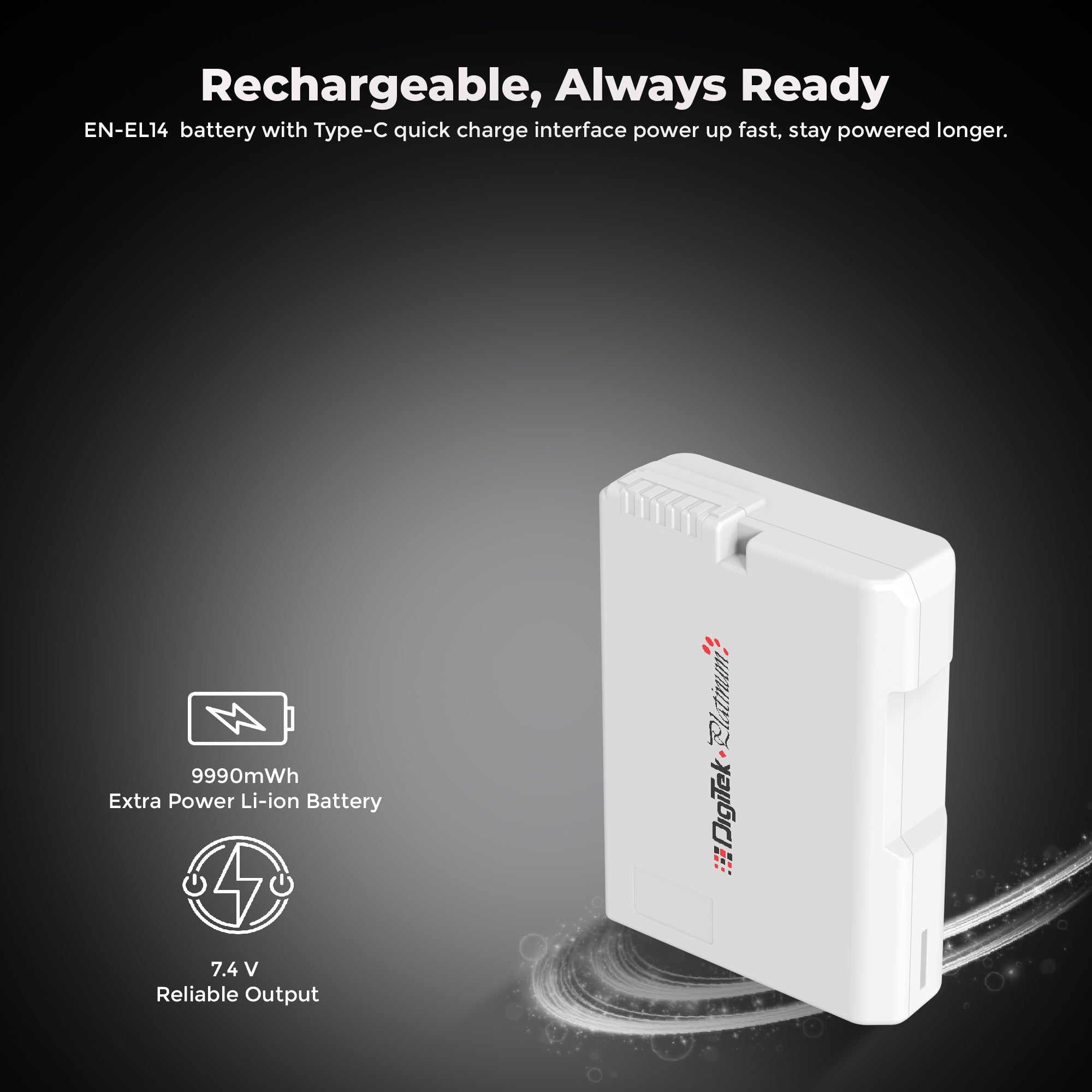 بطارية ديجيتك بلاتينيوم (EN-EL14 من النوع C) ليثيوم أيون 1350 مللي أمبير لكاميرات نيكون DSLR مع كابل شحن من النوع C، لكاميرات نيكون D3100، D3200، D3300، D3400، D3500، D5100–D5600، DF DSLR، و Coolpix P7000–P7800