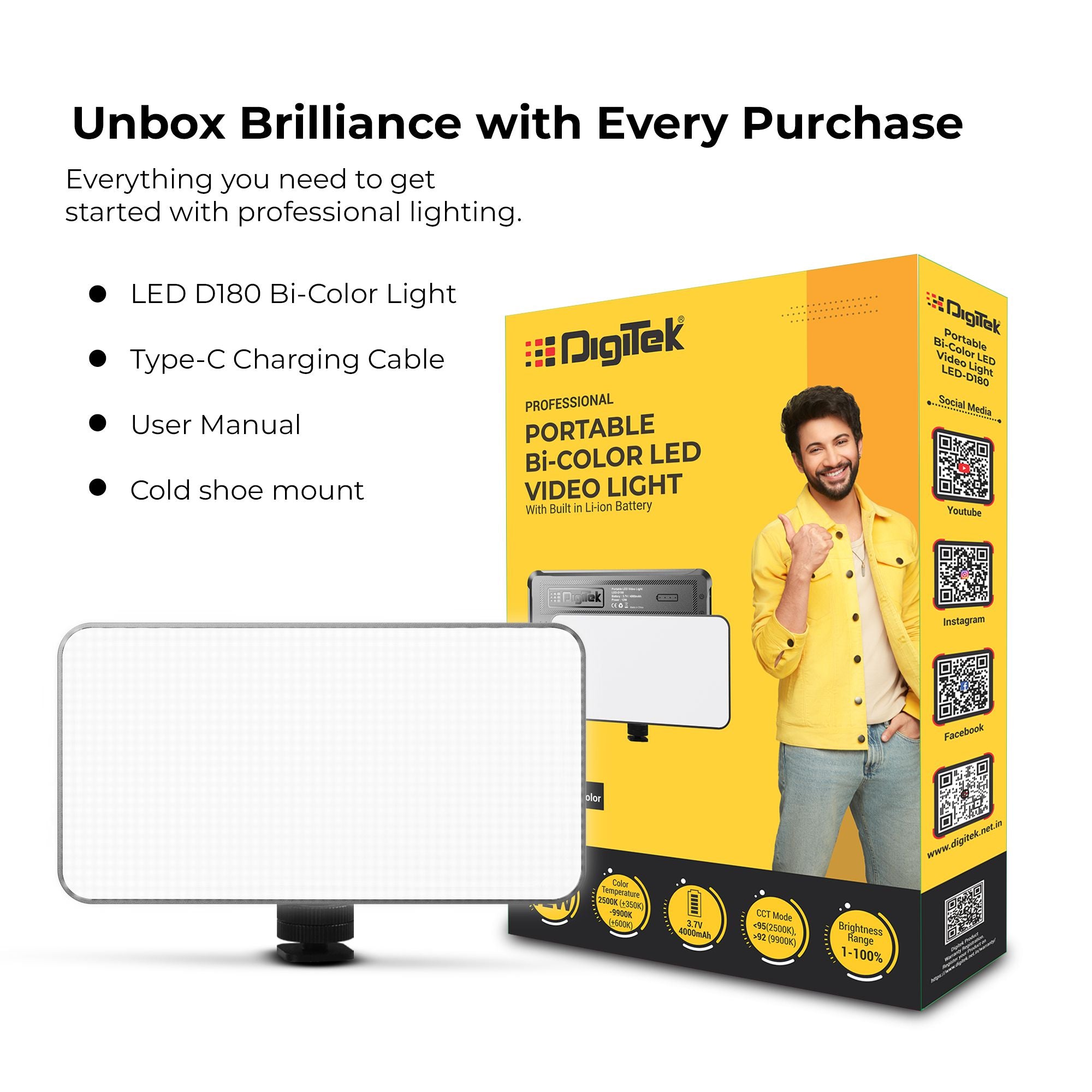 Digitek (LED-D180 BI) Portable Professional LED Video Light with 21 Preset Effects & 4000mAh Battery, Multi Scene Lightening & Colour Temperature & Brightness Control