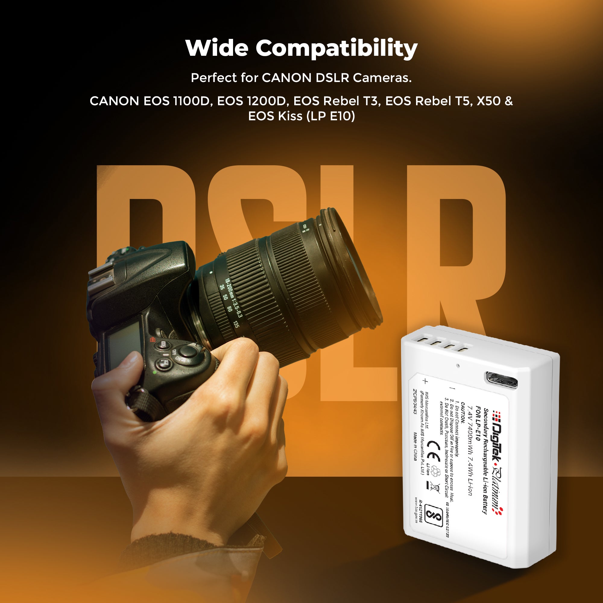 Digitek Platinum (LP-E10 Type C) 1000mAh Li-ion Battery for Canon DSLR Cameras with Smart Protection, for Canon EOS 1100D, 1200D, 1300D, Kiss X50, Kiss X70, Rebel T3, T5, and T6 Cameras