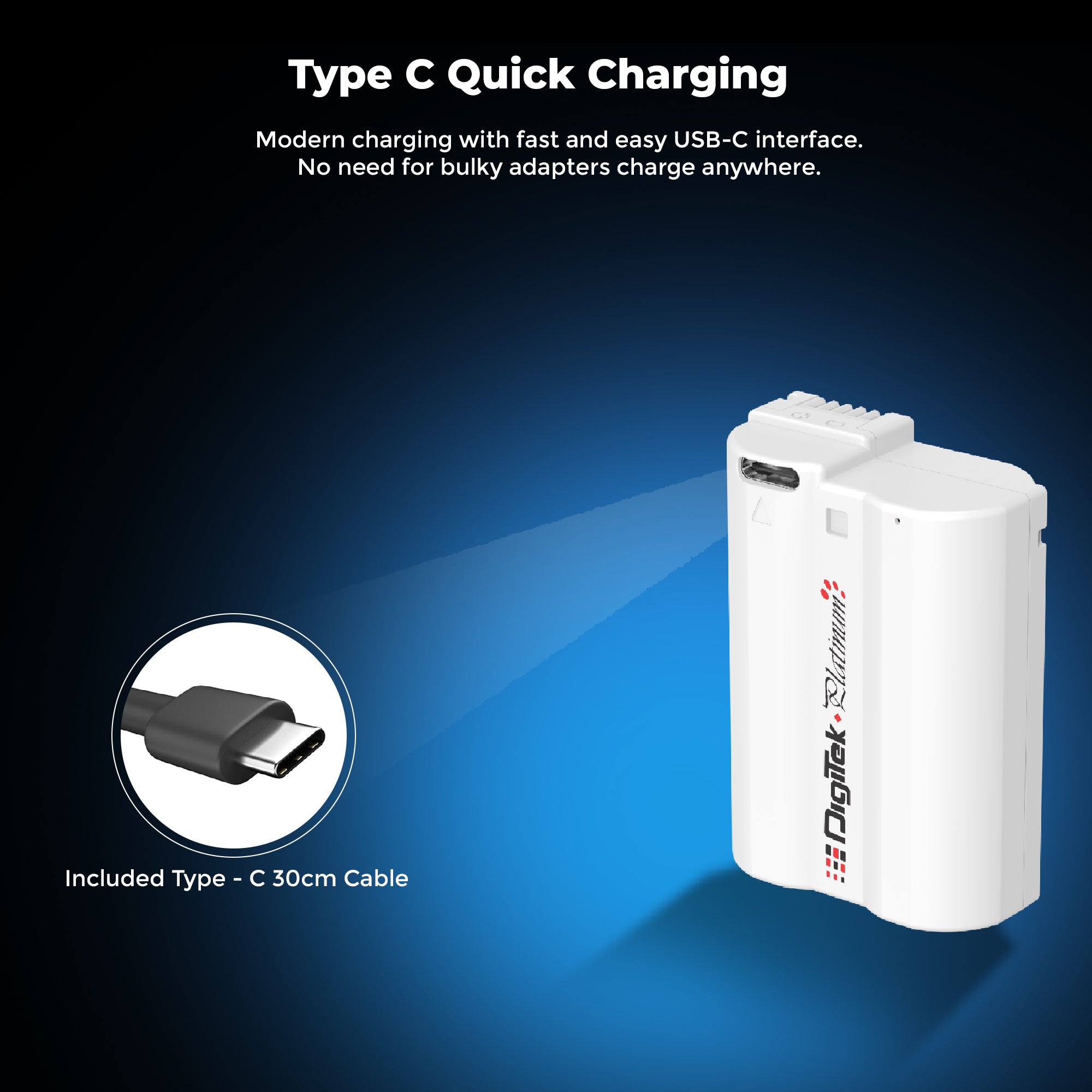 بطارية Digitek Platinum (EL-EL15 Type C) ليثيوم أيون 3000 مللي أمبير لكاميرات نيكون DSLR مع كابل Type-C، متوافقة مع كاميرات نيكون D500، D600، D610، D750، D800، D800E، D700، D7100، وD1V1 DSLR.