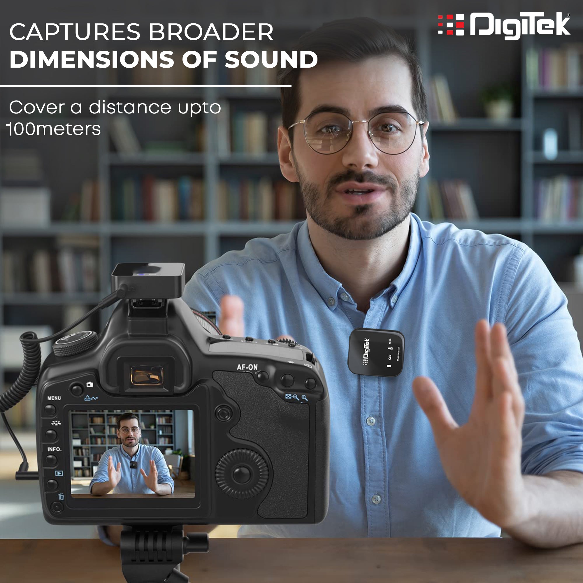 Digitek® (DWM 101) Wireless Microphone System with ANC Noise Reduction, 360° Sound Capture, 100M Range, Upto 12 Hrs Working Time, for DSLR Camera, Android & iOS Smartphones, Seamless Audio Recording