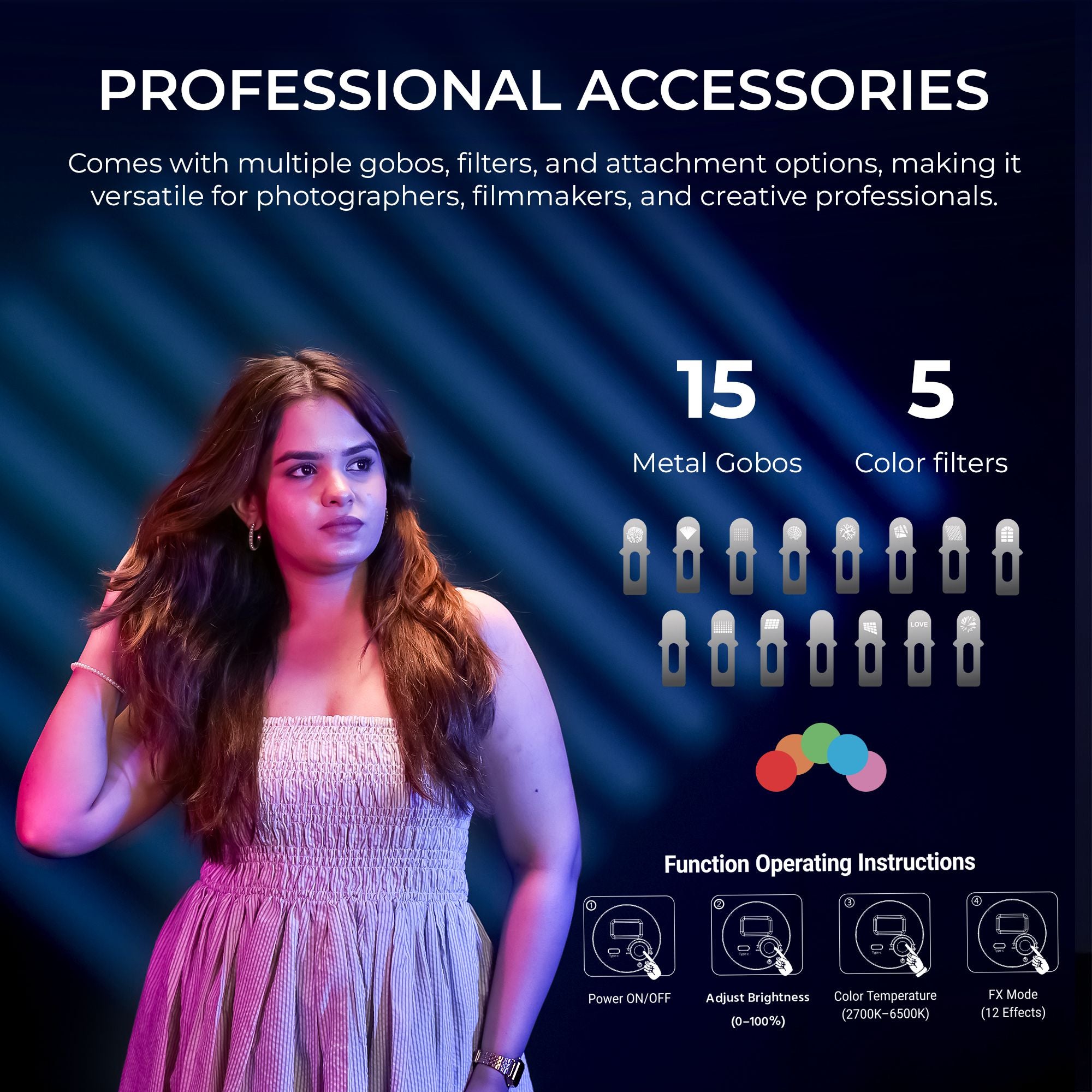 Digitek (DS 30 WTP) 30W Optical Snoot Zoom Gobo Projector, 12 Special Effects, 3900 Lumen, 3000mAh Battery, Dual Temp 2700K-6500K, 15 GOBOs and 5 Color Films, CRI ≥96, For Photo & Videography