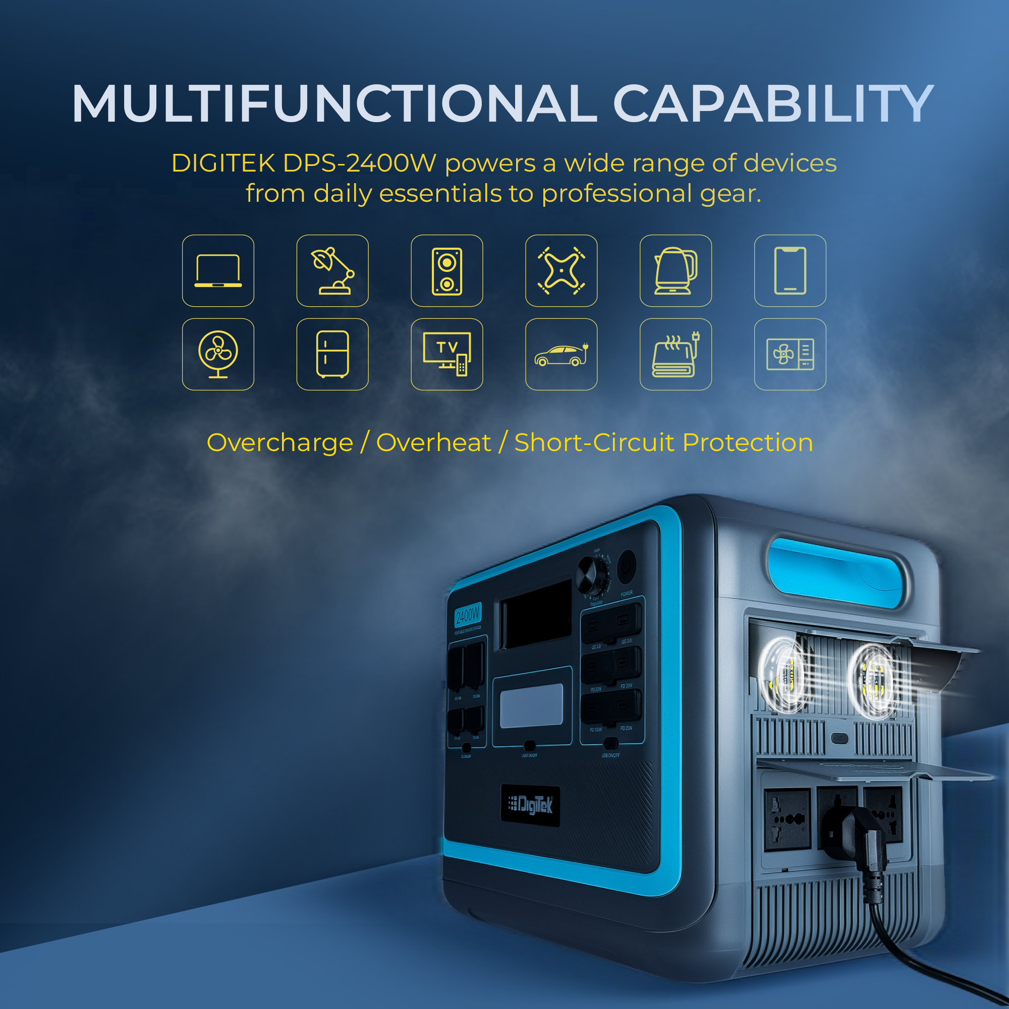 Digitek Power Station DPS 2400W Portable AC/DC Power Station Compatible with AC/DC Electronic Devices
