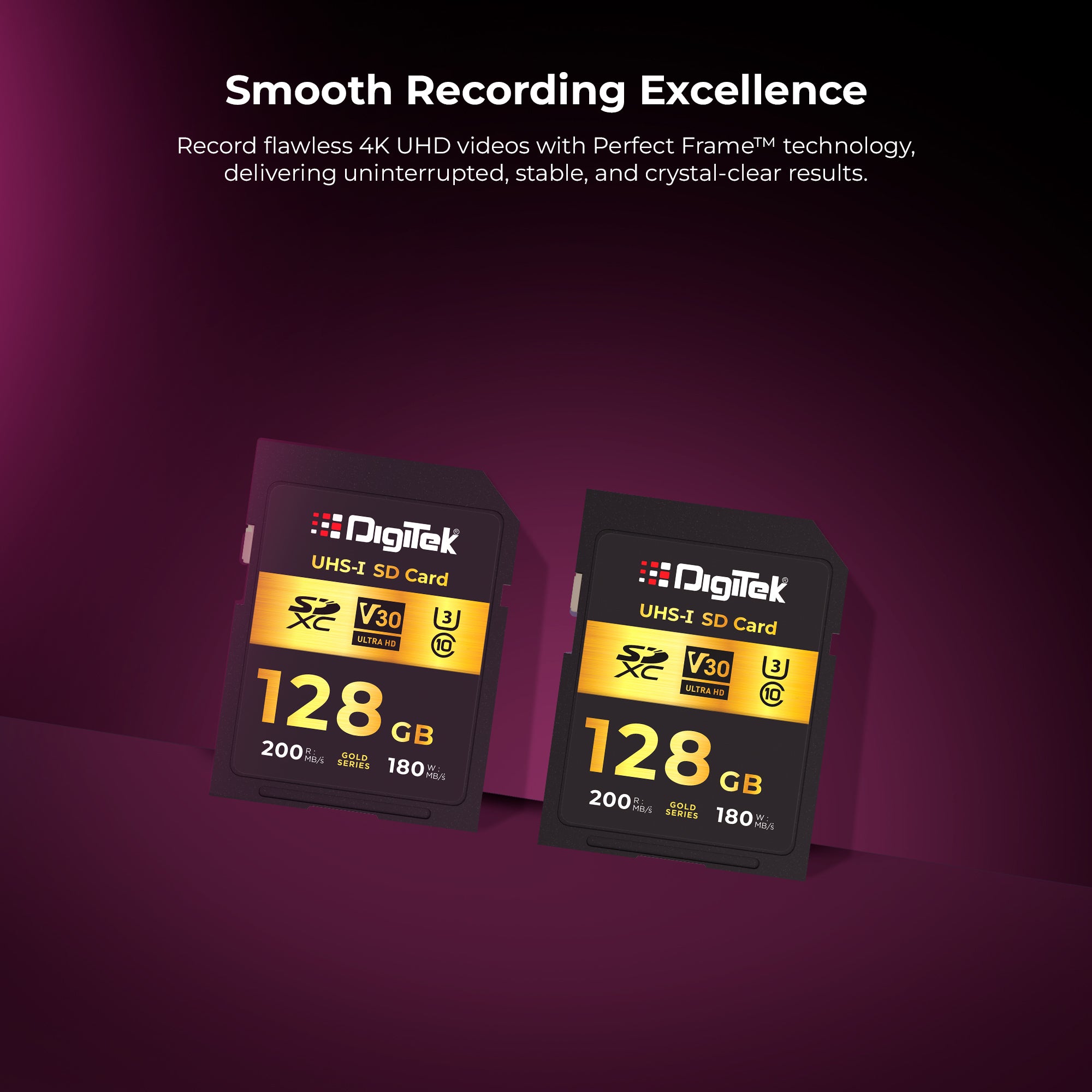 Digitek V30 Ultra HD 128GB UHS-I SD Card – 200MB/s Read, 180MB/s Write, Gold Series, 4K Ready