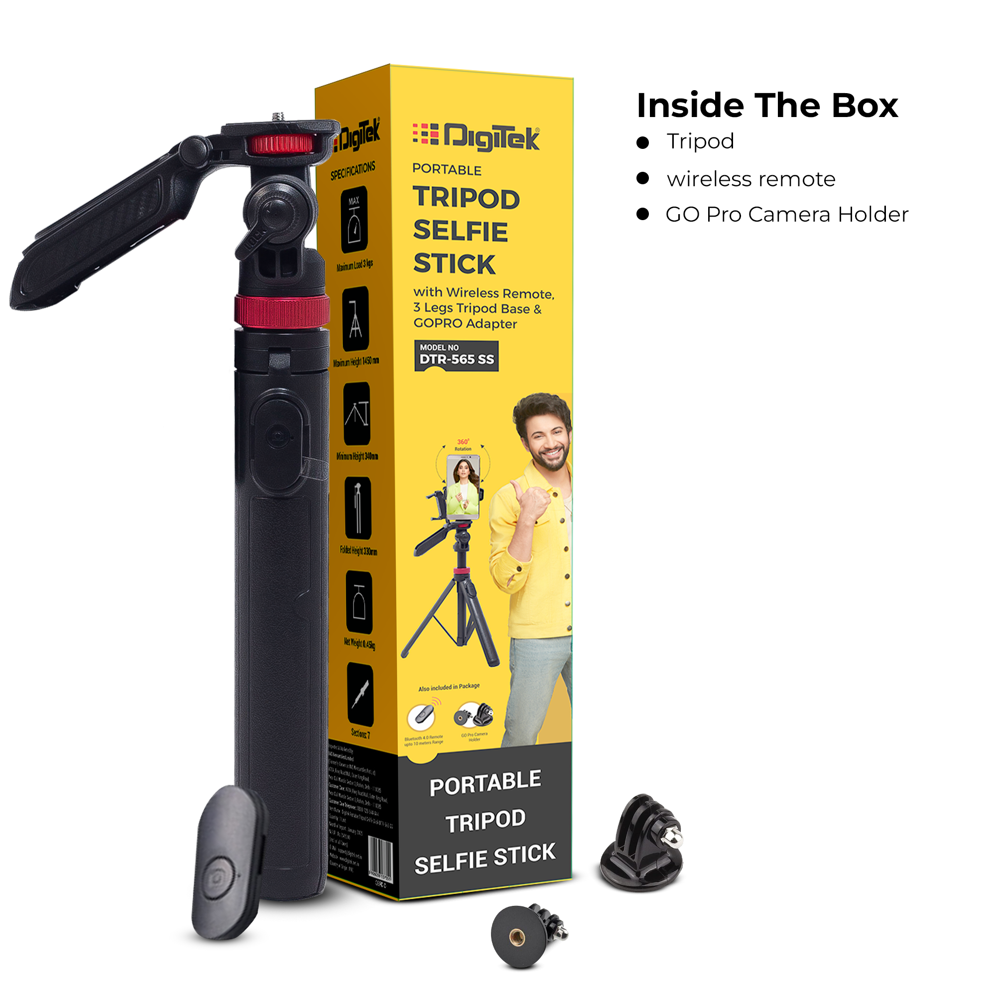 Digitek (DTR 565 SS) Tripod Selfie Stick with Wireless Remote, 360° Rotation, 7-Section Aluminum Rod, 1450mm Max Height, 3kg Load, GoPro Adapter – Compatible with Phone & Action Cameras