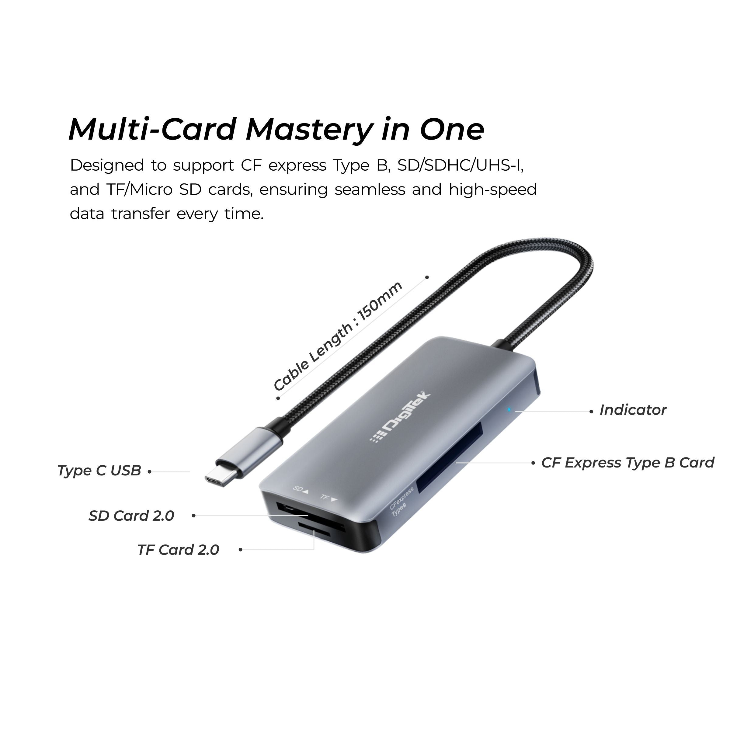 Digitek (DCR-104 CFB) 2 in 2 CF Express Type B & SDXC, USB 3.2 & 3.0 Card Reader, Support SD/SDHC/SDXC/UHS-I/UHS II Cards, Support Mac OS, iPad OS, Window, Android, Linux & Harmony