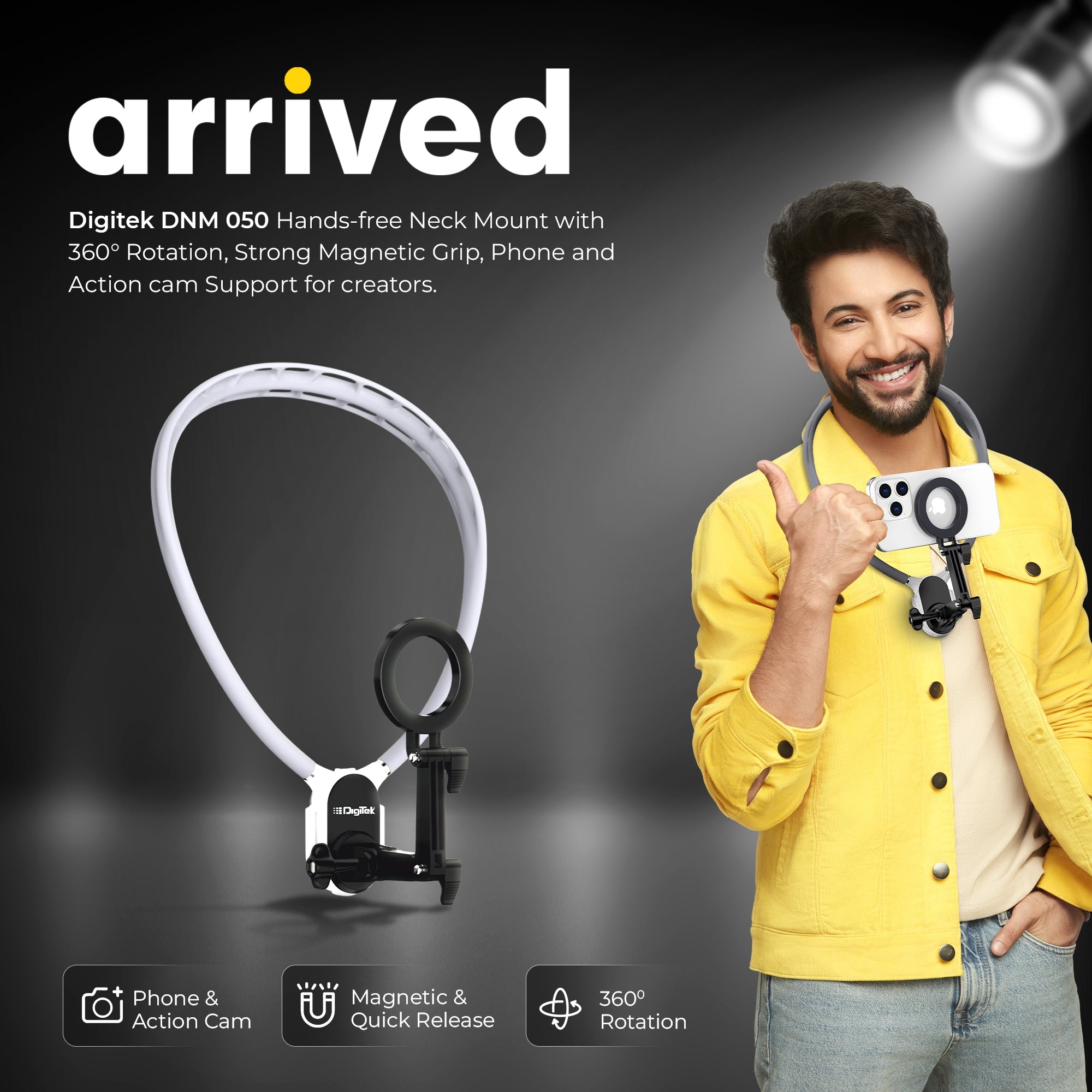 Digitek (DNM 050) Silicon U-Shaped Neck Magnetic Mount for Phones & Action Cameras, Magnetic Grip, 360° Rotation, Horizontal/Vertical Shooting, MagSafe & Non-MagSafe Compatible, for Outdoor Vlogging