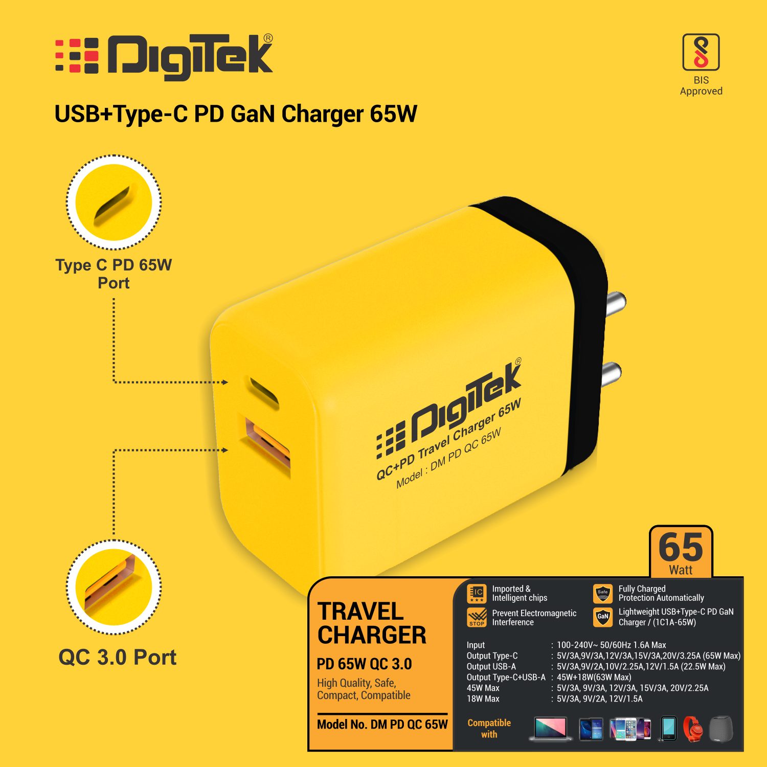 Digitek (DM PD QC 60W) USB Travel Charger QC 3.0 PD 60W, up to 4X Faster Than a Normal USB Charger