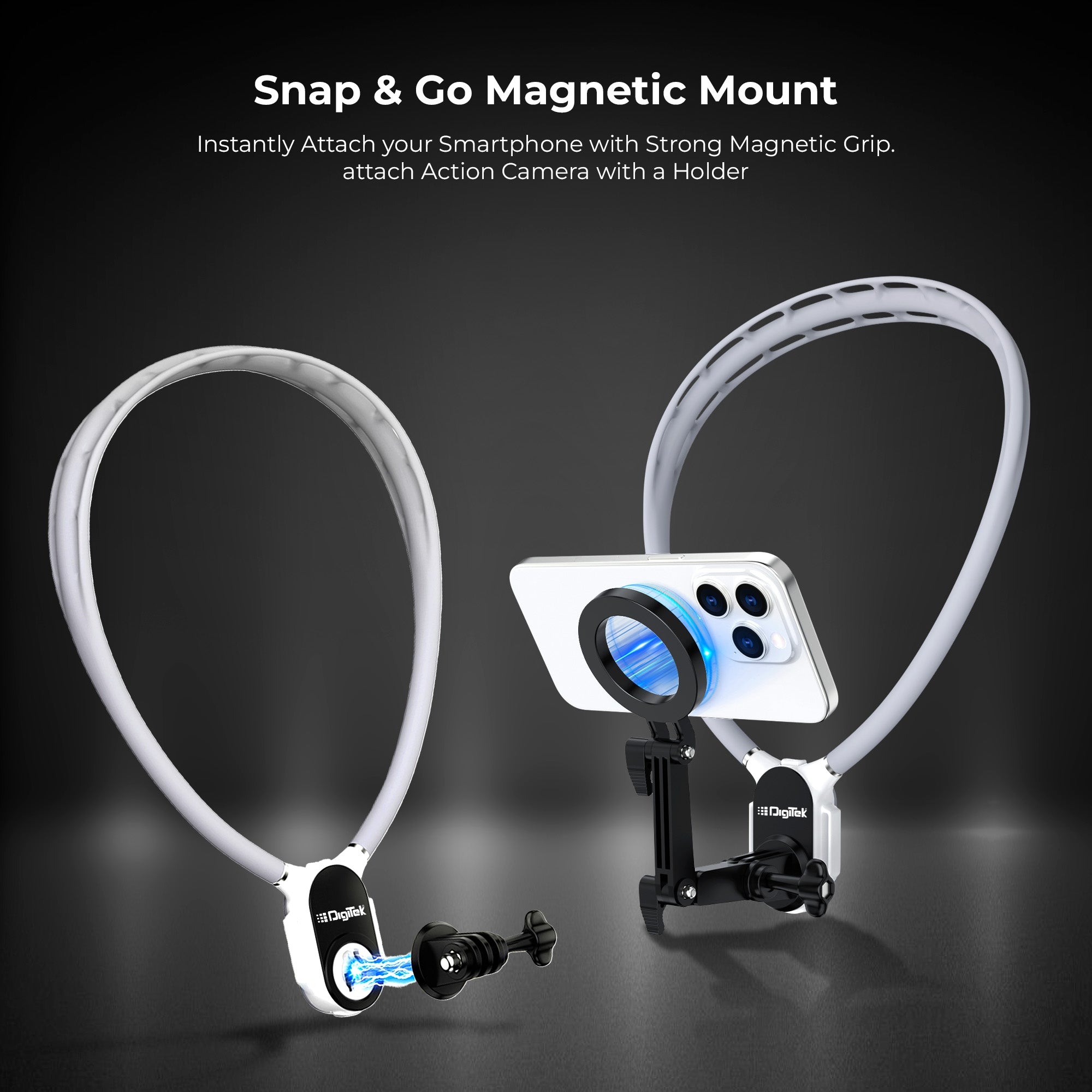 Digitek (DNM 050) Silicon U-Shaped Neck Magnetic Mount for Phones & Action Cameras, Magnetic Grip, 360° Rotation, Horizontal/Vertical Shooting, MagSafe & Non-MagSafe Compatible, for Outdoor Vlogging