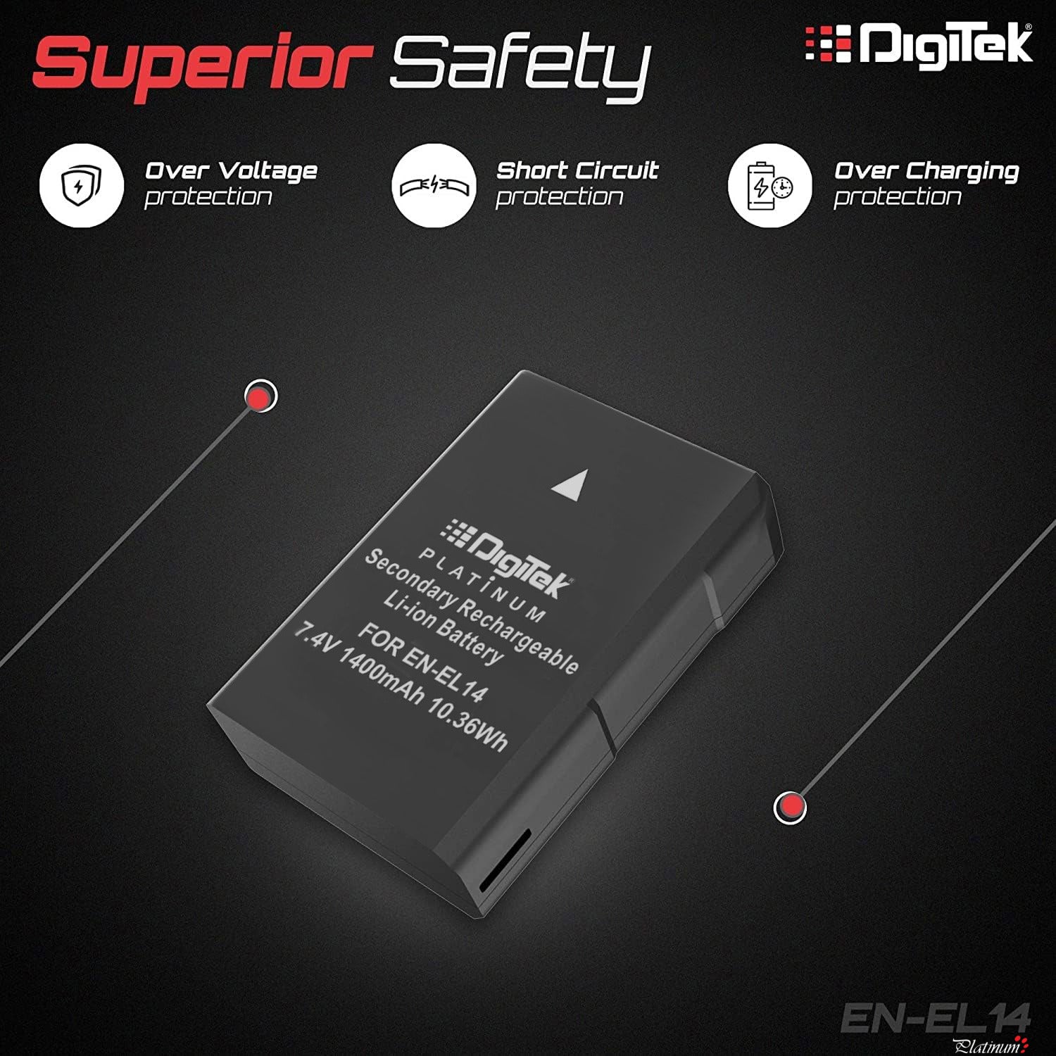 Digitek (ENEL14 Platinum) 1400 mAh Secondary Rechargeable Battery Packs for Digital Camera . Compatiable With Nikon D3100 D3200 D3300 D3400 D3500 D5100 D5200 D5300 D5500 D5600 & COOLPIX P7000 P7100 P7700 & P7800. - Digitek