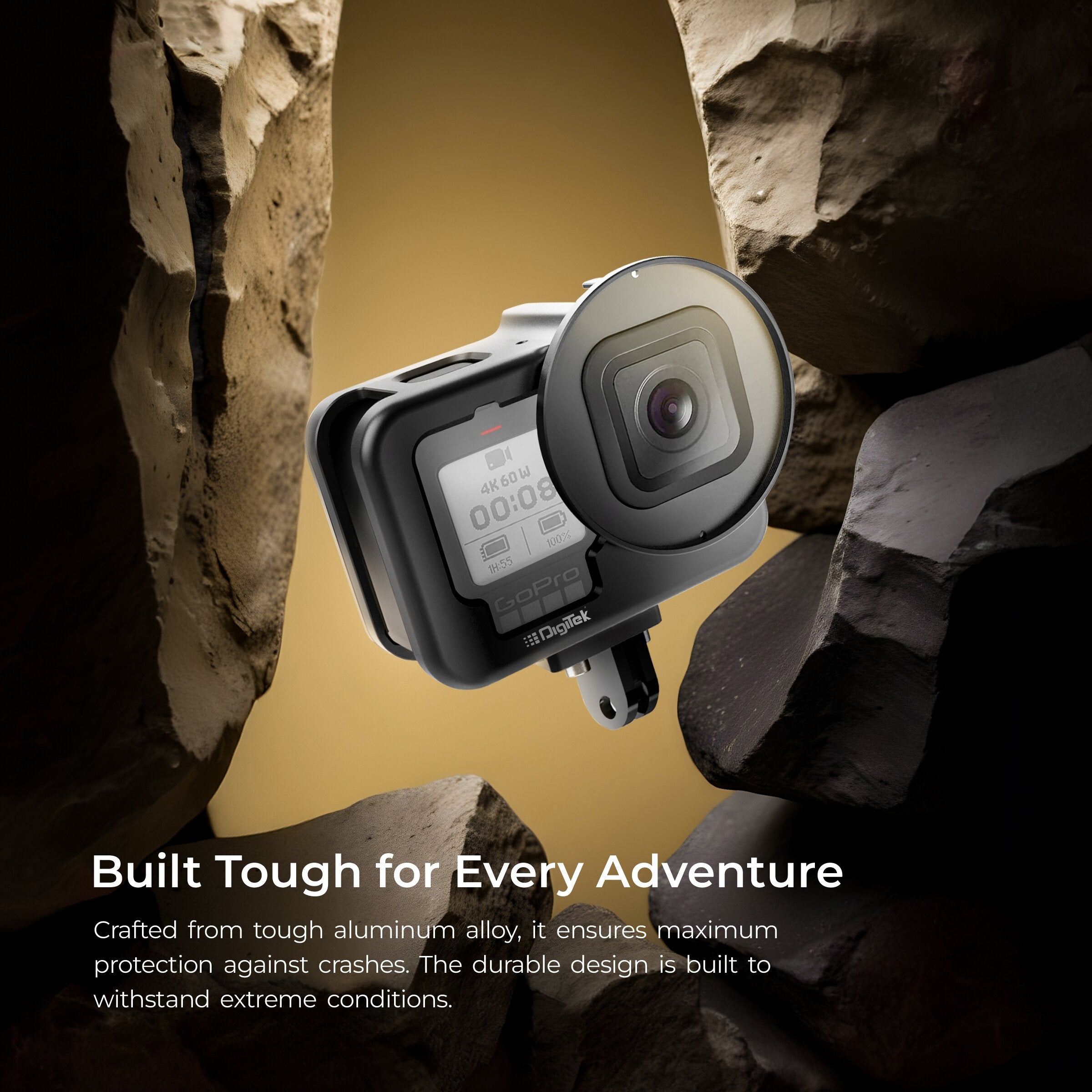 DIGITEK® Cam Cage for GoPro Hero 12, Lightweight Aluminum Body, 52mm Filter Interface, 1/4" & 3/8" Screw Holes, Mount LED Lights & External Mics, Ideal for Adventure Riding & Outdoor Vlogging