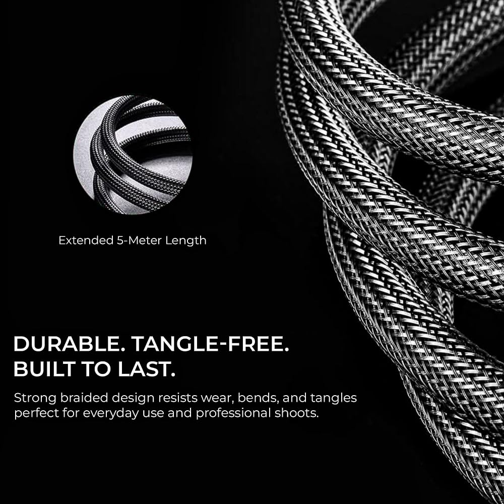 Digitek® (DC 5M-TC2C 3.2) Type-C to C Right Angle Tethering Cable, 5M Nylon Braided, 100W Fast Charging, 20Gbps Data Transfer, Bi-Directional, for Photography & Videography Applications