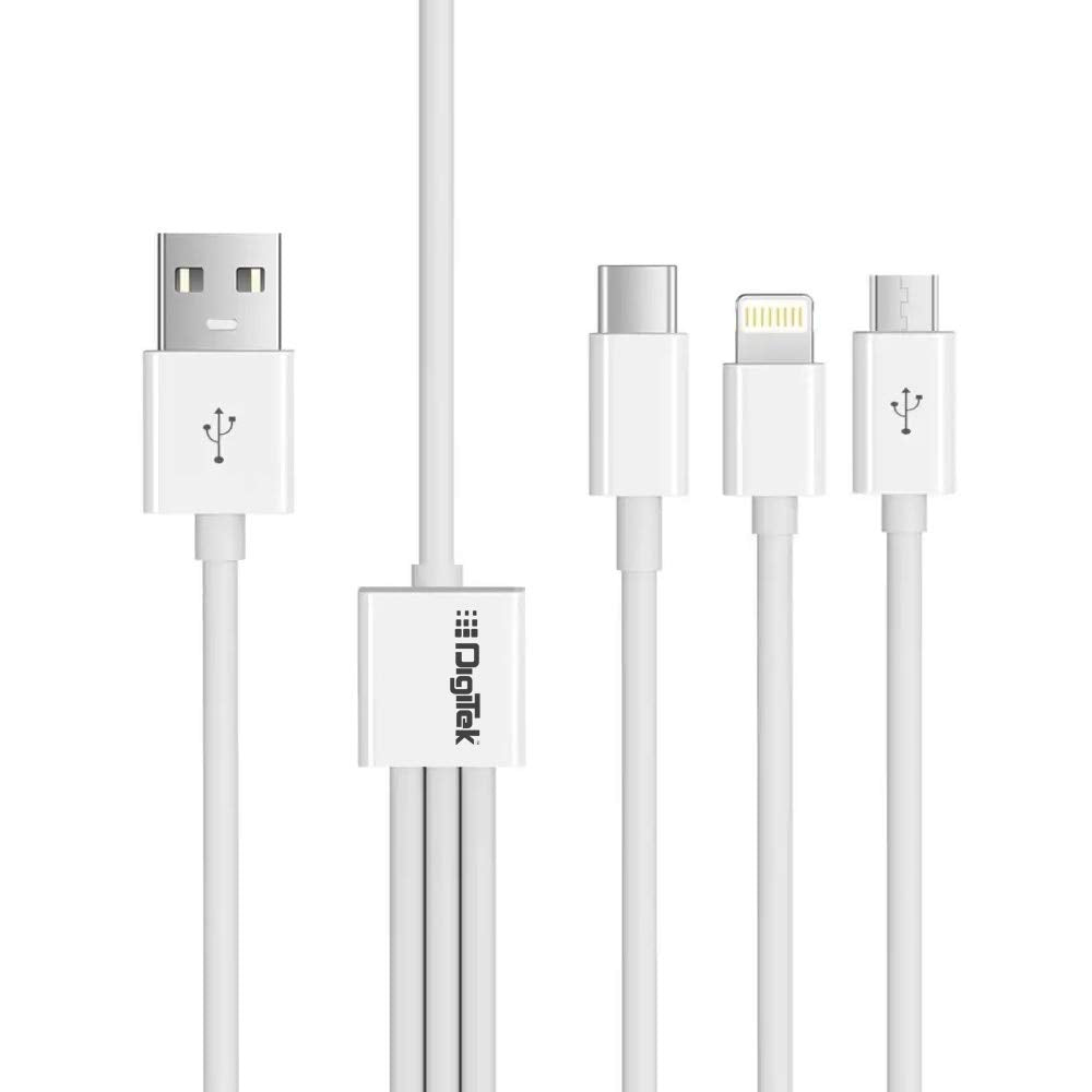 Digitek Lightning Cable 2 A 1 m DC1M 3-1 New  (Compatible with iPhone, Type C compatible mobile, Micro USB compatible, White, One Cable)