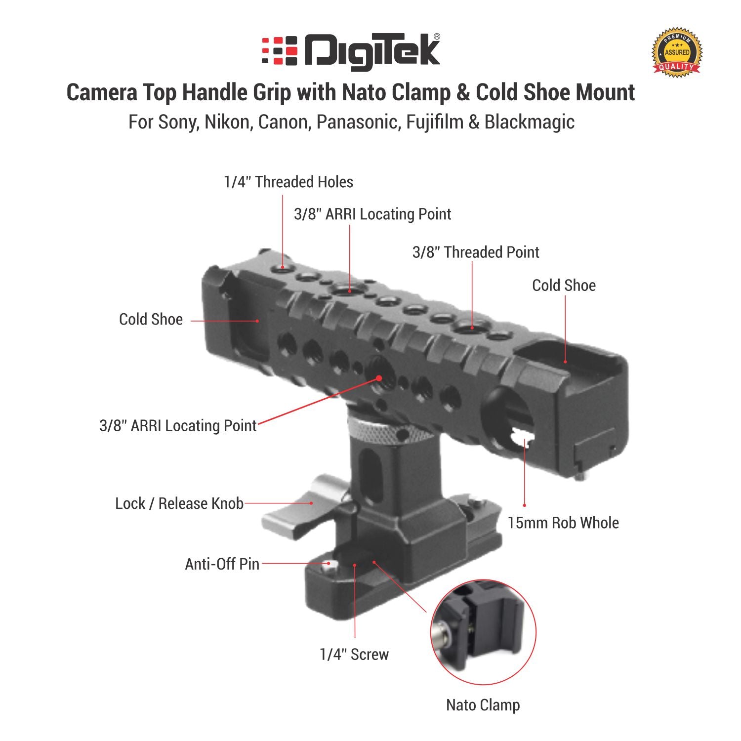 Digitek (DCCH -004) Camera Top Handle Grip with Nato Clamp & Cold Shoe Mount For Sony, Nikon, Canon, Panasonic, Fujifilm & Blackmagic