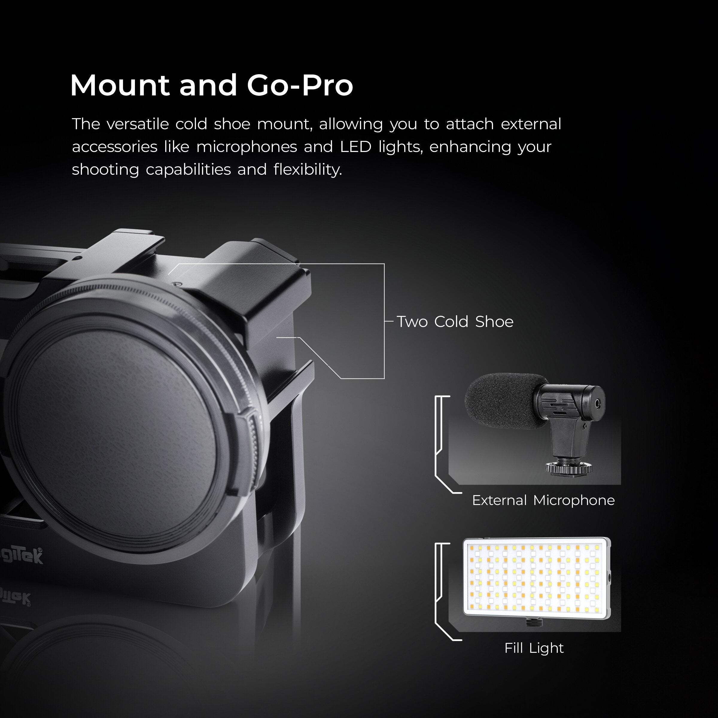 DIGITEK® Cam Cage for GoPro Hero 12, Lightweight Aluminum Body, 52mm Filter Interface, 1/4" & 3/8" Screw Holes, Mount LED Lights & External Mics, Ideal for Adventure Riding & Outdoor Vlogging