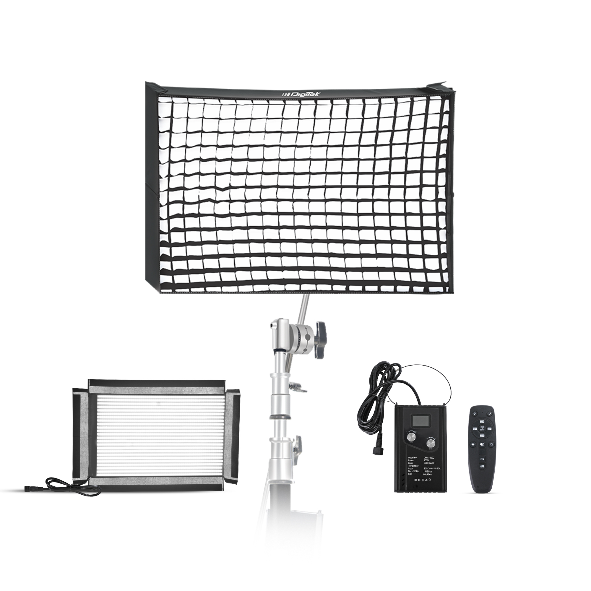 Digitek®(DFFL 6090) 200W Bi-Color Flexible Fabric LED Video Light with Remote & App Control, 1536 LEDs, 2700K–6500K±200K, 0–100% Dimming, 120° Beam Angle, 18000LM, Includes X Bracket, Diffuser, Honeycomb Grid & Accessories, for Photo & Videography