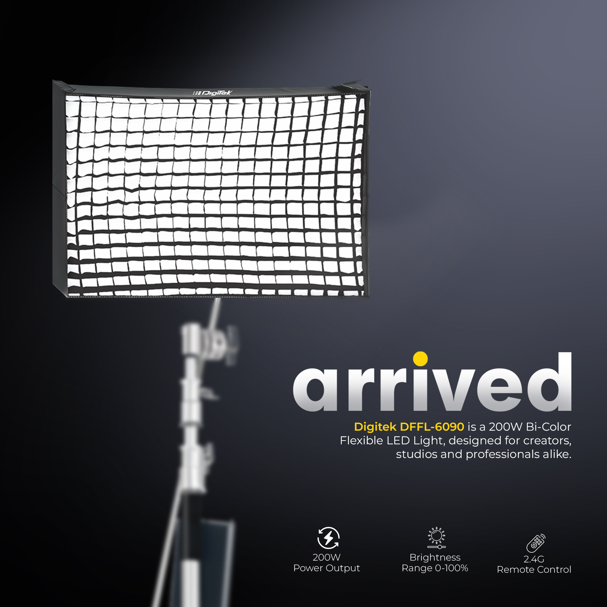 Digitek®(DFFL 6090) 200W Bi-Color Flexible Fabric LED Video Light with Remote & App Control, 1536 LEDs, 2700K–6500K±200K, 0–100% Dimming, 120° Beam Angle, 18000LM, Includes X Bracket, Diffuser, Honeycomb Grid & Accessories, for Photo & Videography