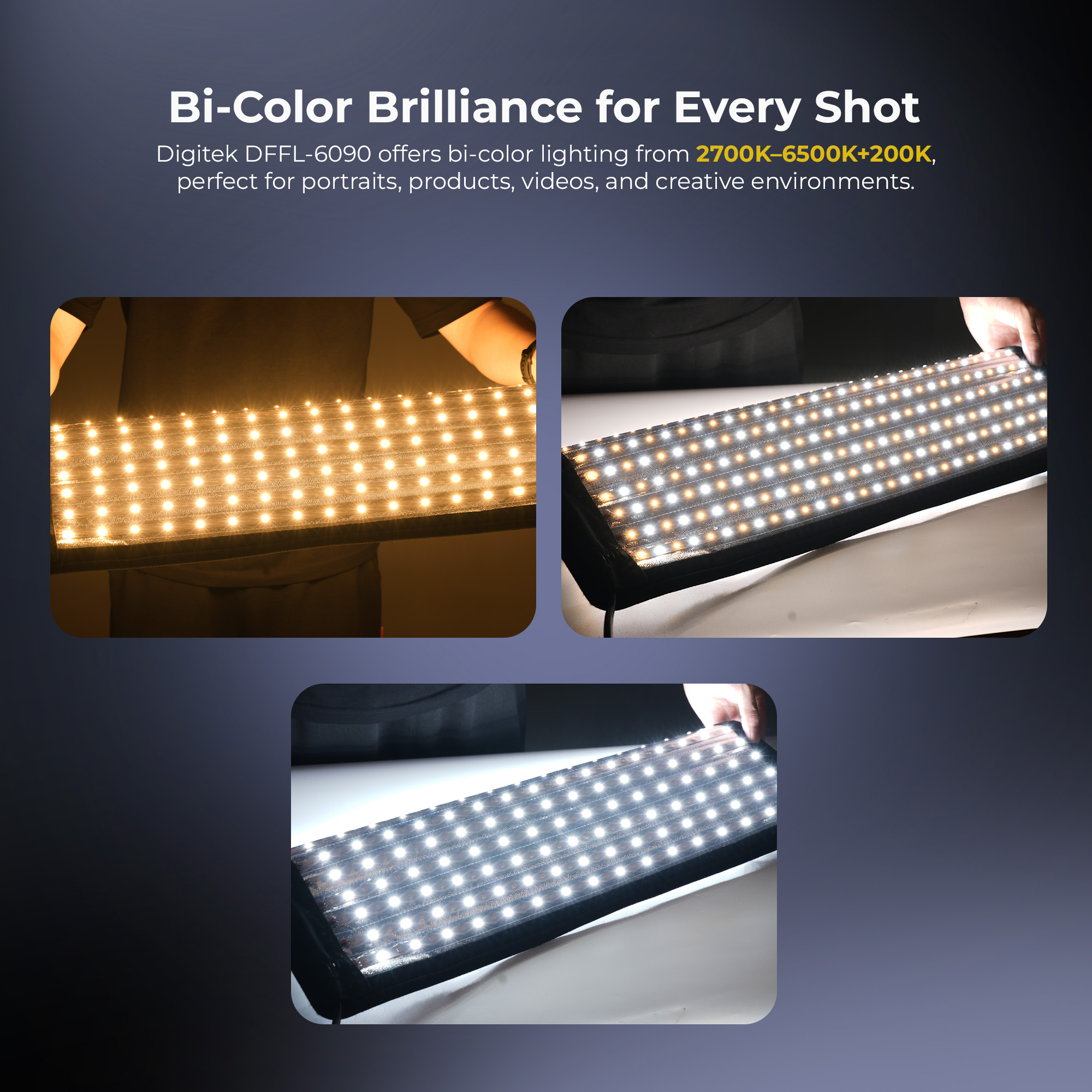 Digitek®(DFFL 6090) 200W Bi-Color Flexible Fabric LED Video Light with Remote & App Control, 1536 LEDs, 2700K–6500K±200K, 0–100% Dimming, 120° Beam Angle, 18000LM, Includes X Bracket, Diffuser, Honeycomb Grid & Accessories, for Photo & Videography