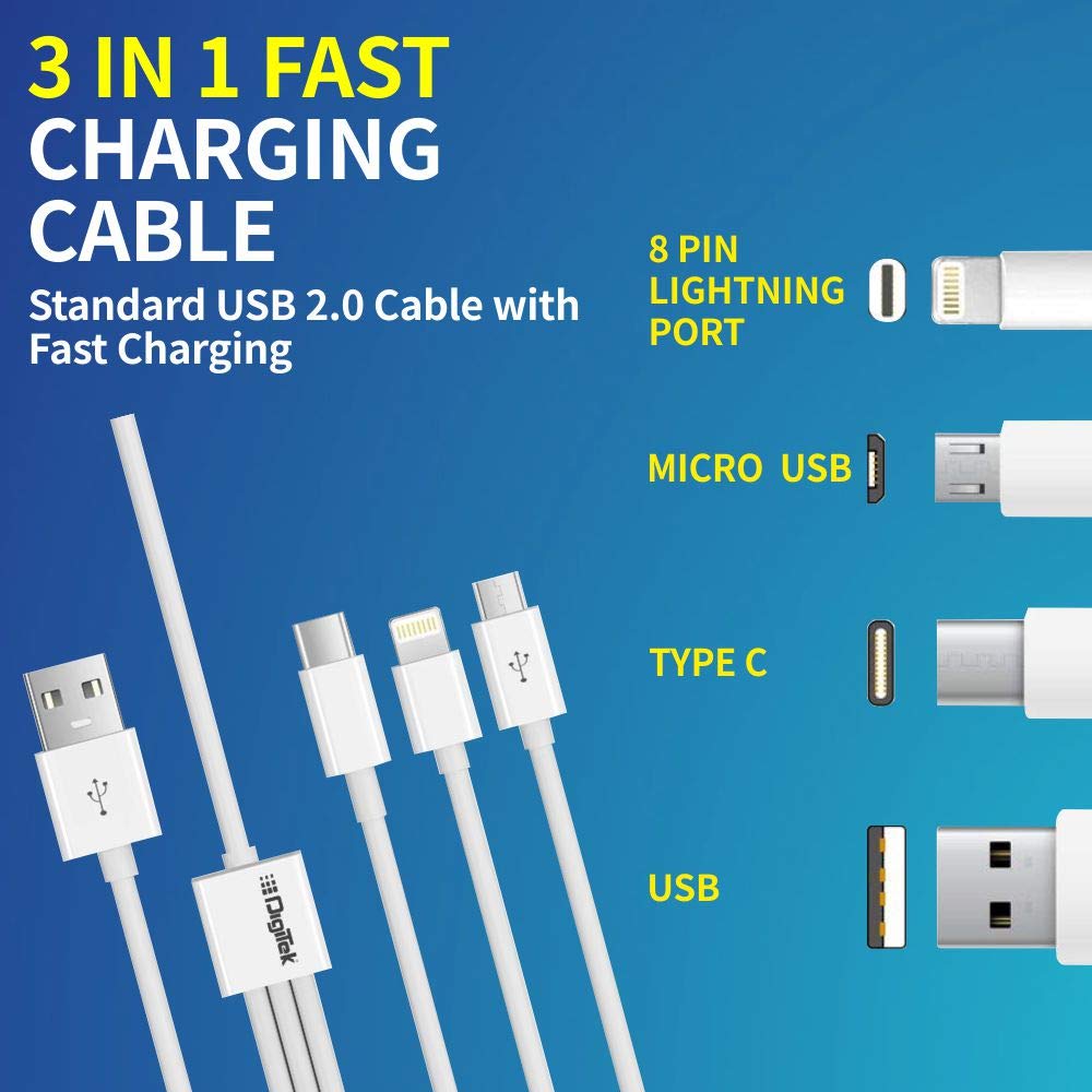 Digitek Lightning Cable 2 A 1 m DC1M 3-1 New  (Compatible with iPhone, Type C compatible mobile, Micro USB compatible, White, One Cable)