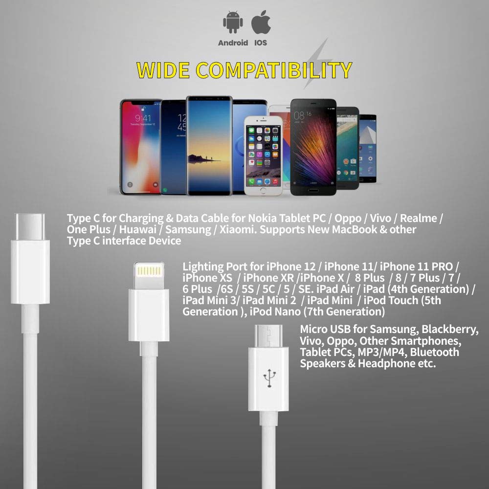Digitek Lightning Cable 2 A 1 m DC1M 3-1 New  (Compatible with iPhone, Type C compatible mobile, Micro USB compatible, White, One Cable)