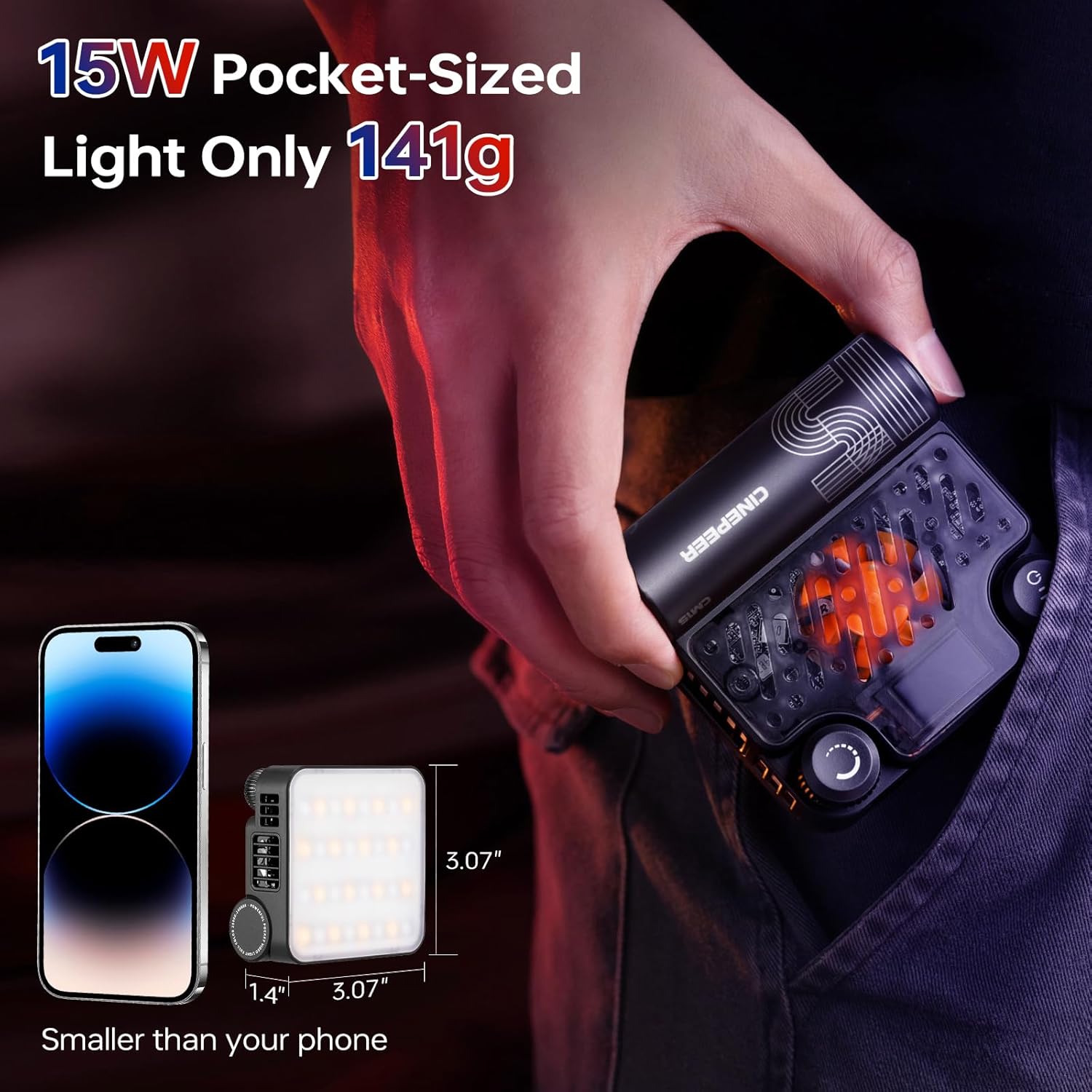 ZHIYUN CINEPEER CM15 15W RGB Video Light Selfie Light 360° Full Color Camera Light with Cold Shoe 2600mAh CRI 94+ 2500k~10000k Rechargeable Portable Outdoor Photography Lighting Fill Handheld Light