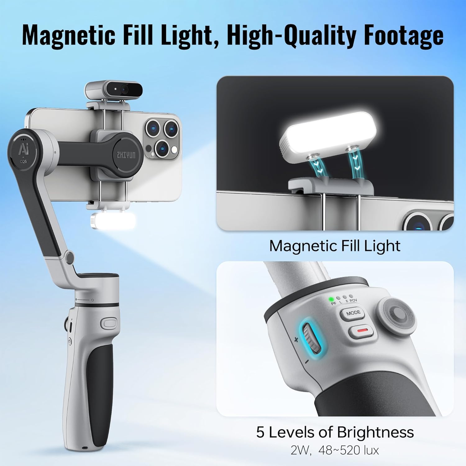 ZHIYUN CINEPEER CQ5 Combo Gimbal Stabilizer for Smartphone, 3-Axis Phone Gimbal with AI Tracker, Magnetic Fill Light, Extension Rod, Voice Control, Foldable Phone Stabilizer for iPhone & Android