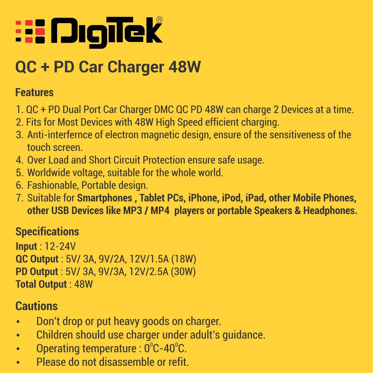 Digitek (DMC QC PD 48W) Dual Port Fast Car Charger Type-C PD & USB Charging Adapter for Cars, Charge Android & iOS Smartphones, Tablets, iPads, Earbuds, Powerbank & Laptops (Black)