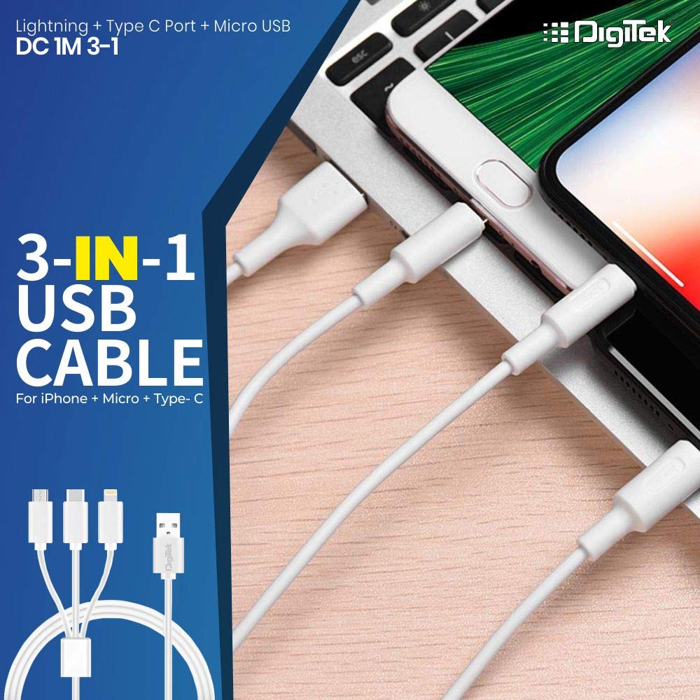Digitek Lightning Cable 2 A 1 m DC1M 3-1 New  (Compatible with iPhone, Type C compatible mobile, Micro USB compatible, White, One Cable)