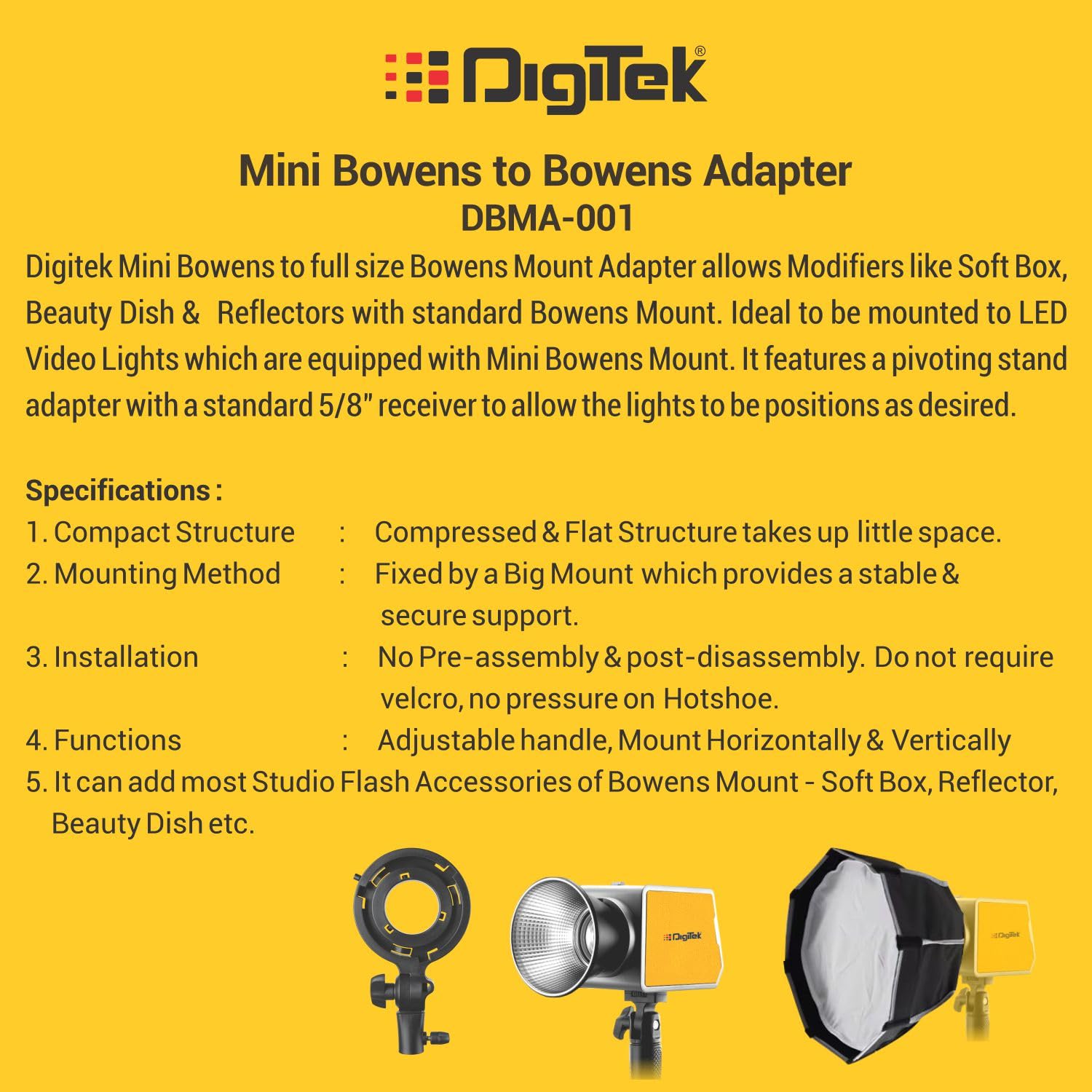 Digitek (DBMA-001) Mini Bowens to Full Size Bowens Mount Adapter Allows Modifiers Like Soft Box, Beauty Dish & Reflectors with Standard Bowens Mount