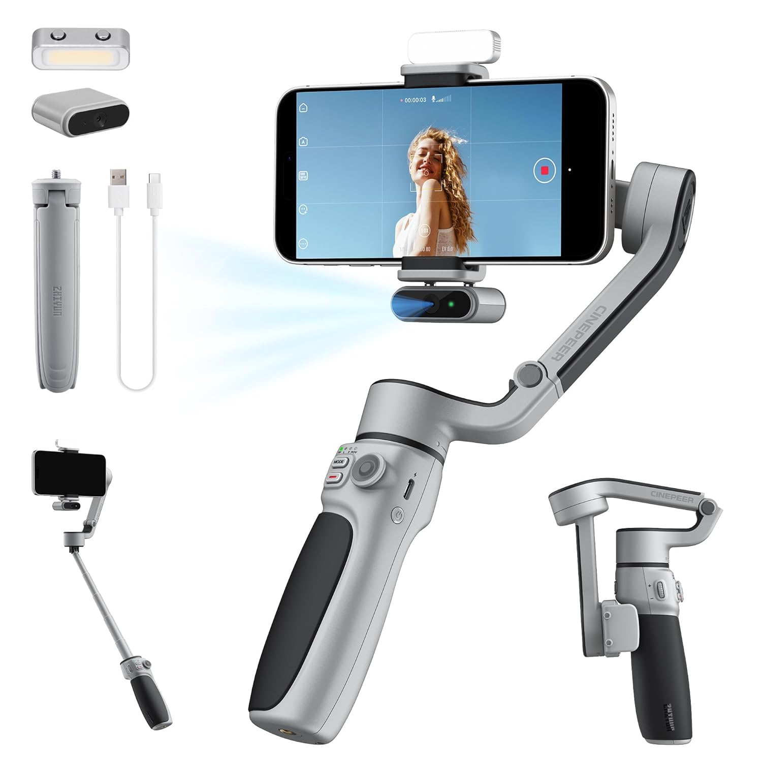 ZHIYUN CINEPEER CQ5 Combo Gimbal Stabilizer for Smartphone, 3-Axis Phone Gimbal with AI Tracker, Magnetic Fill Light, Extension Rod, Voice Control, Foldable Phone Stabilizer for iPhone & Android