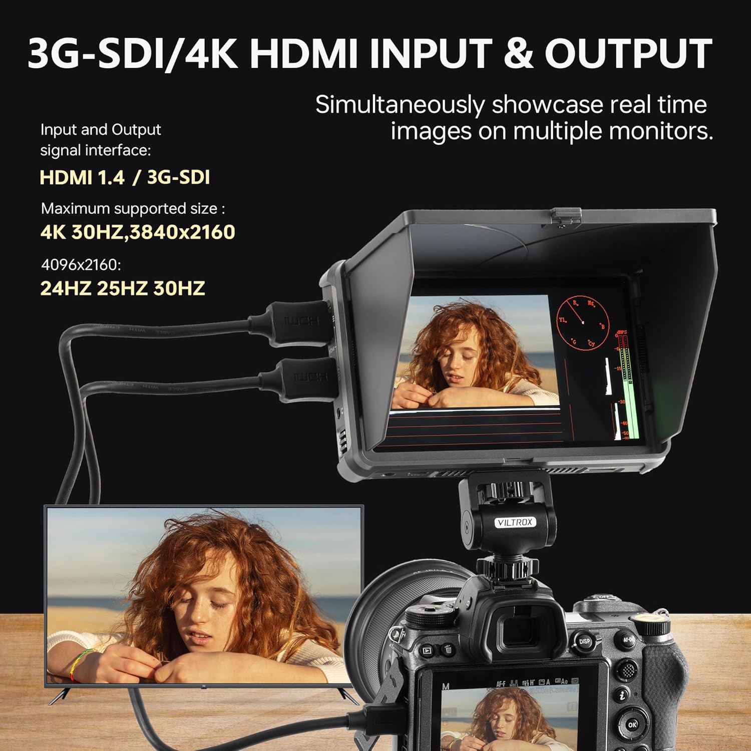 VILTROX DC-X3 6 Inch Touchscreen Camera Field Monitor, Professional Photographic Monitor 4K HDMI 1.4 / 3G-SDI, 2000 nits, Camera Monitor with Battery, Sunshade Hood, USB A 3D Lut