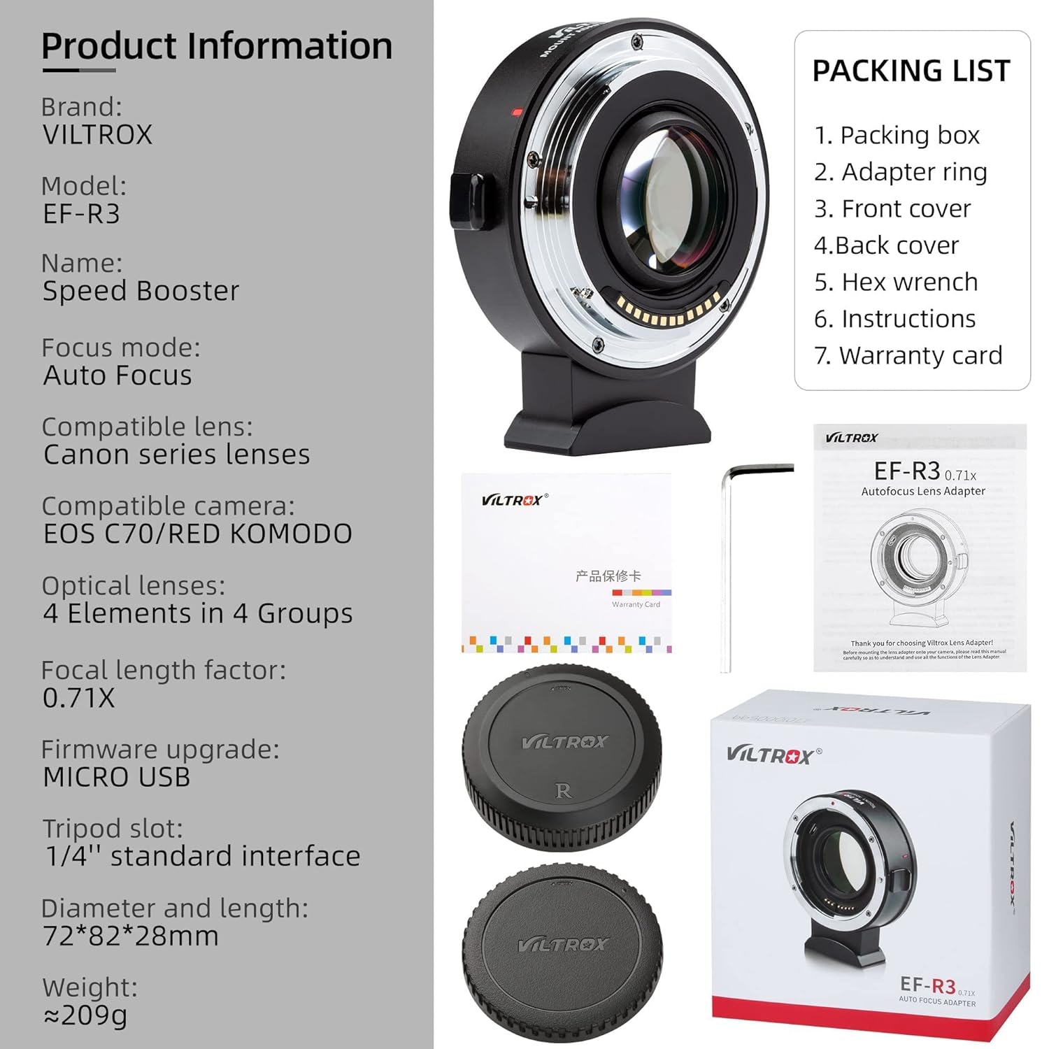 VILTROX (EF-R3) 0.71x Speed Booster Mount Adapter for Canon EOS C70 RED Komodo RF-Mount R5 R6 ( EF-EOS R 0.71x ) - Digitek