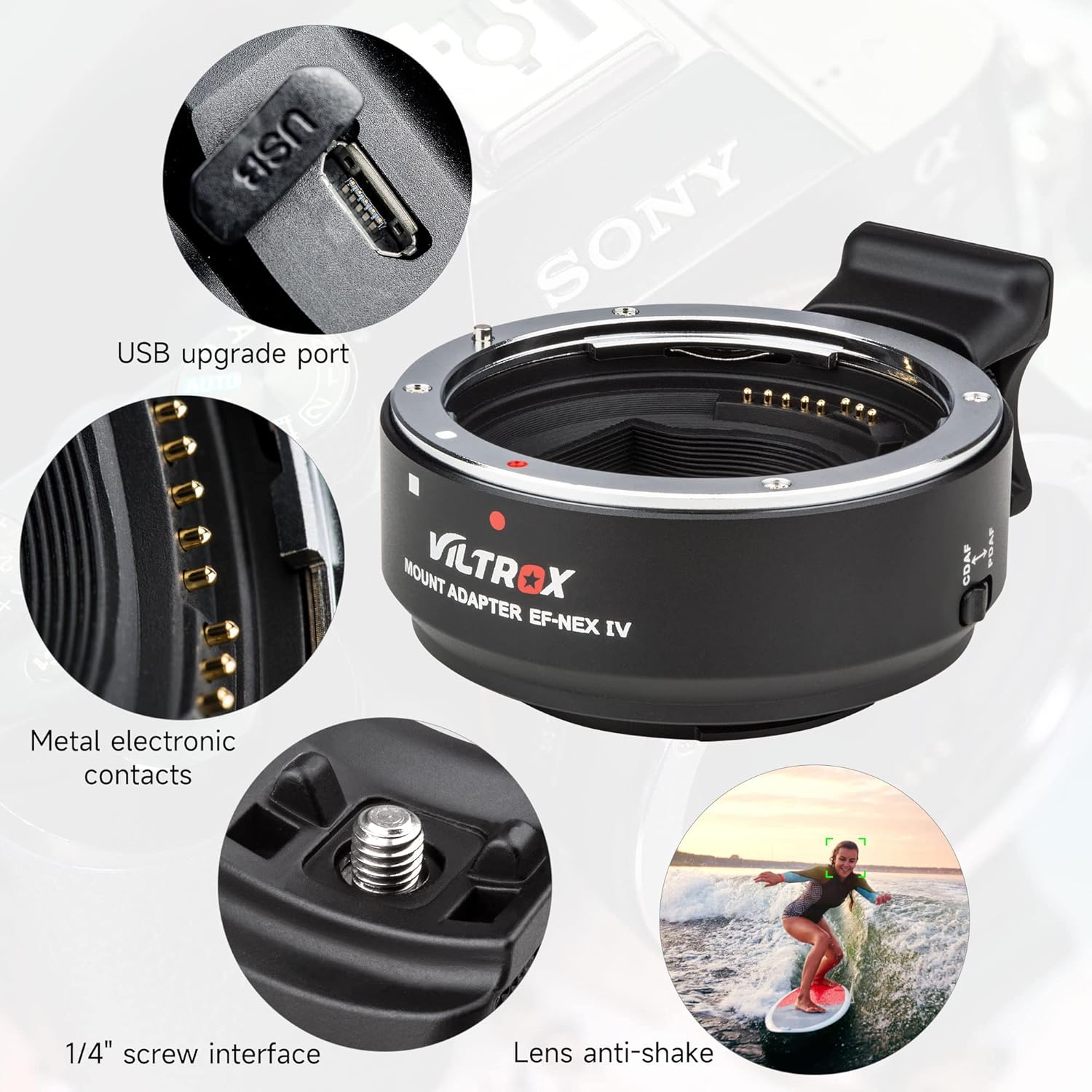 VILTROX EF-NEX IV Lens Adapter, Auto-Focus EF to E Mount Ring Lens Automatic Converter Control Ring Compatible with Canon EF/EF-S Lens to Sony E Mount Camera NEX A9II A7III A9 A7RIII A7RII A7R A7m3