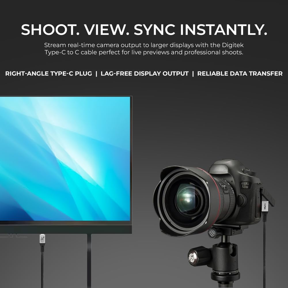 Digitek® (DC 5M-TC2C 3.2) Type-C to C Right Angle Tethering Cable, 5M Nylon Braided, 100W Fast Charging, 20Gbps Data Transfer, Bi-Directional, for Photography & Videography Applications