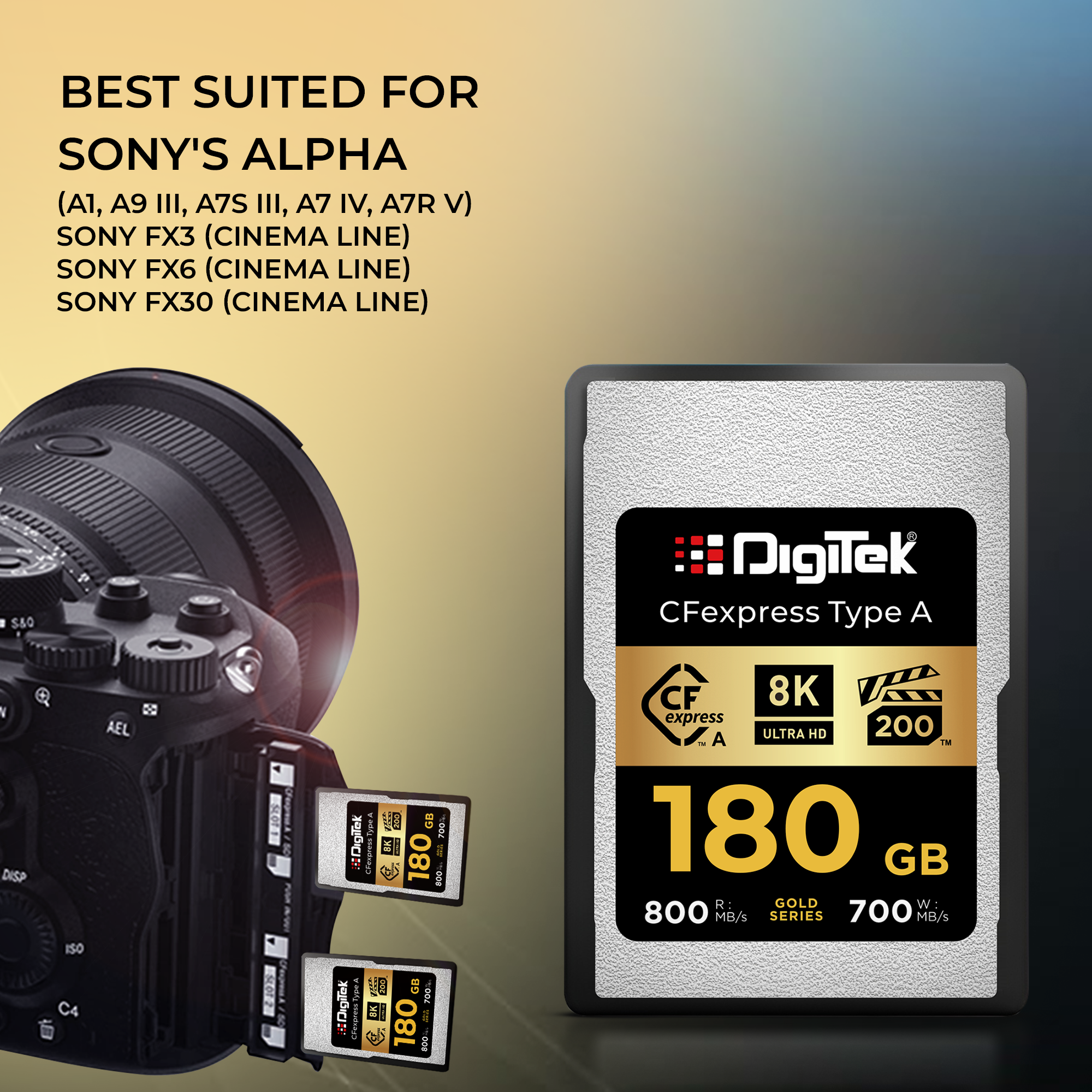 Digitek (DCFA 180GB Gold Series) CFexpress Type A Memory Card – 800MB/s Read, 700MB/s Write, 8K Ultra HD Support, Nytro Boost, Perfect Frame Capture, 5-Year Warranty, for High Speed 8K Videography