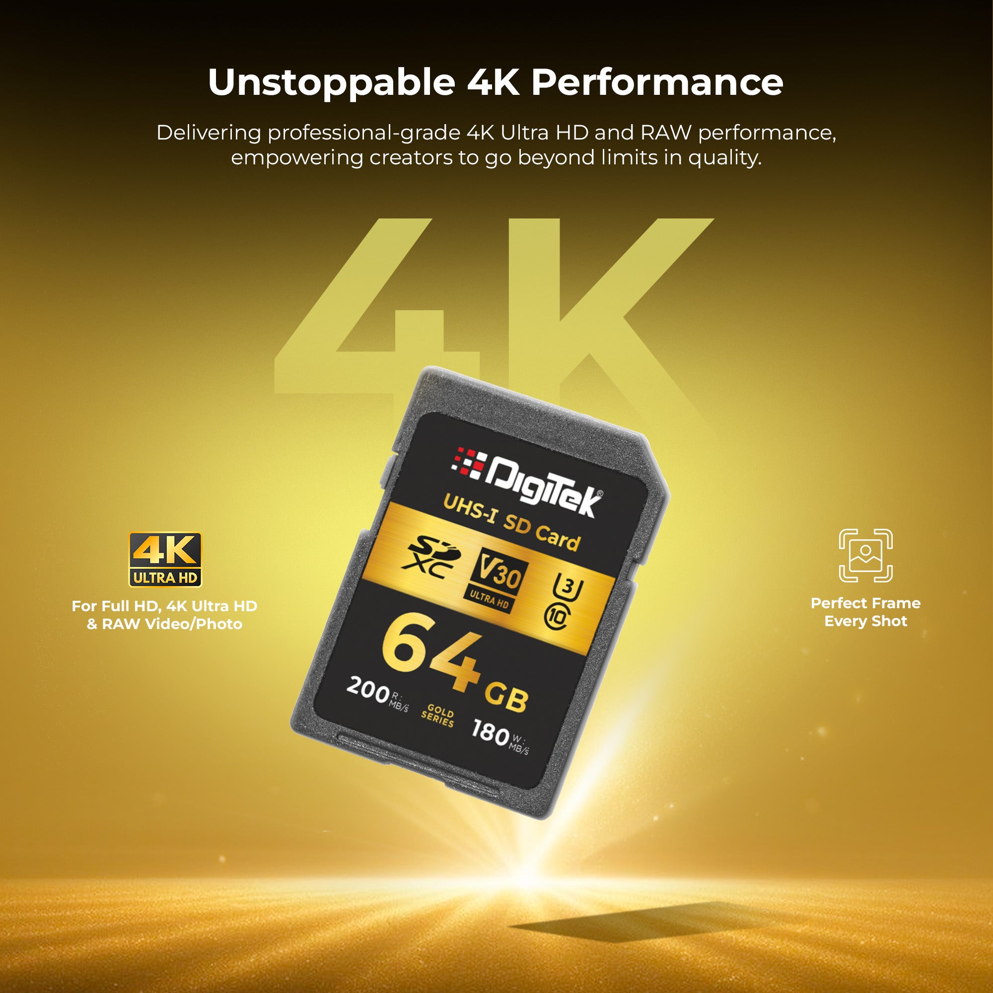 Digitek V30 Ultra HD 64GB UHS-I SD Card – 200MB/s Read, 180MB/s Write, Gold Series, 4K Ready