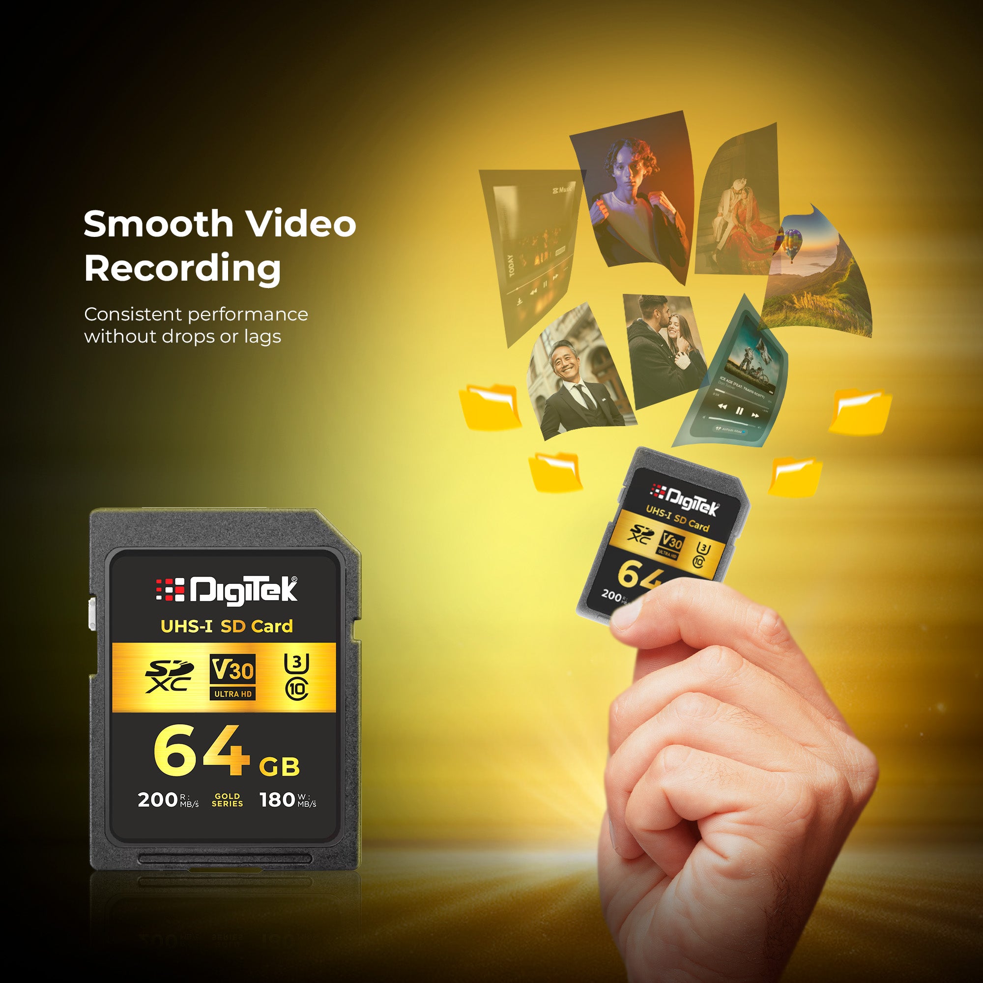 Digitek V30 Ultra HD 64GB UHS-I SD Card – 200MB/s Read, 180MB/s Write, Gold Series, 4K Ready