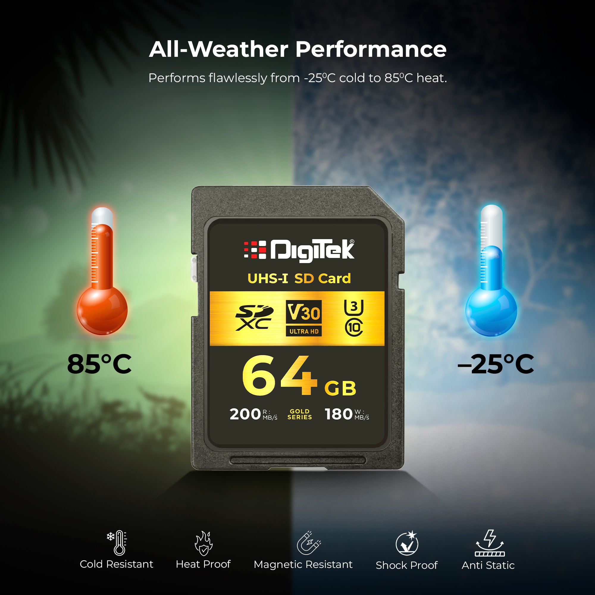 Digitek V30 Ultra HD 64GB UHS-I SD Card – 200MB/s Read, 180MB/s Write, Gold Series, 4K Ready