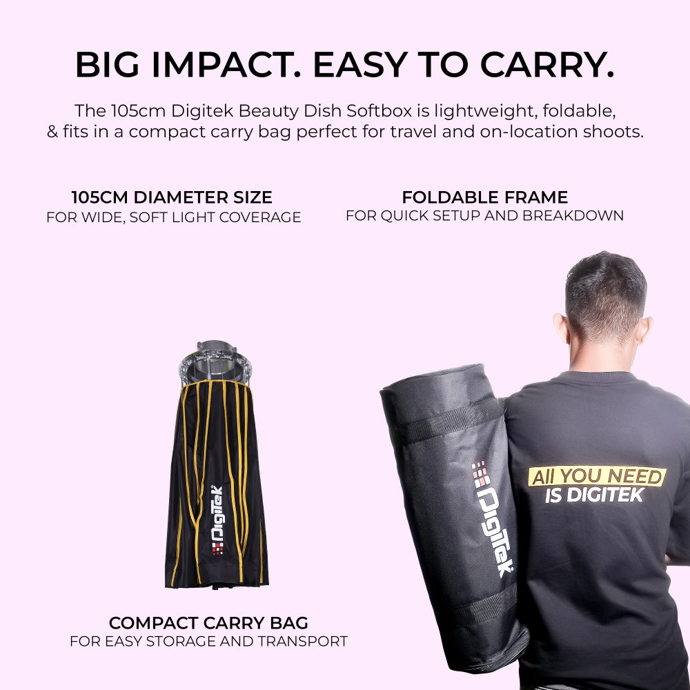 Digitek DBDS-105W 105cm Beauty Dish Softbox (White), Collapsible, Transportable, Lightweight Bowen Mount for Photography & Studio Lighting with Removable Diffuser