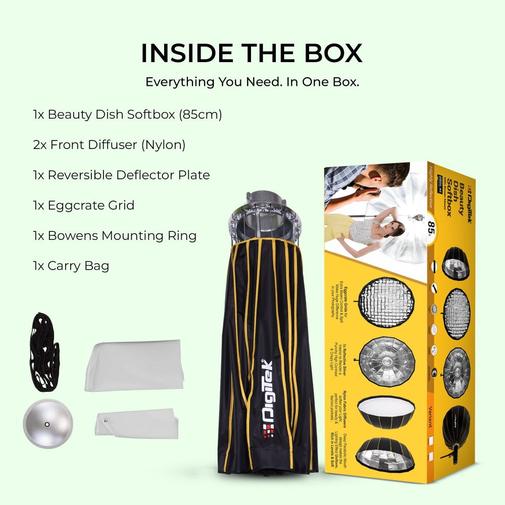 Digitek DBDS-85W 85cm Beauty Dish Softbox (White), Collapsible, Transportable, Lightweight Bowen Mount for Photography & Studio Lighting with Removable Diffuser