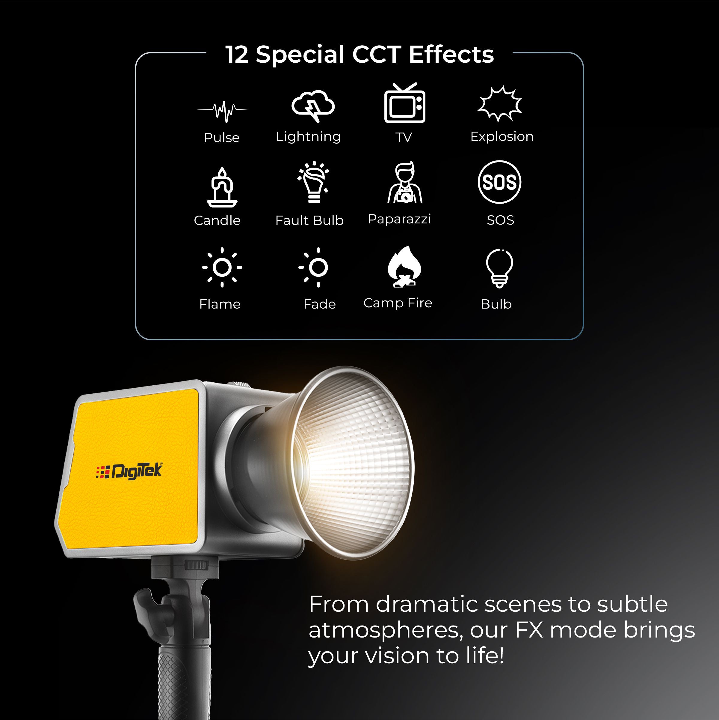 DIGITEK® (DCL-100 WBC) 100W Bi-Color Continuous LED Light with Mini Bowen Mount & Reflector, 2700K-6500K+200 Color Temp, 20FX Modes, 97+ CRI, 0-100% Brightness, APP Control, Lighting for Videography