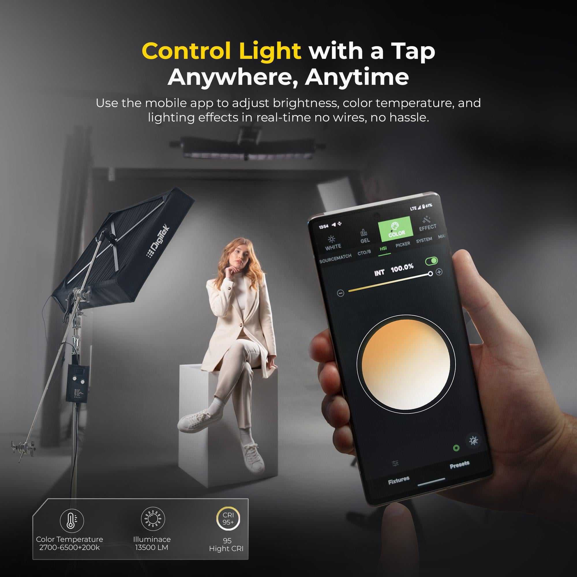 Digitek®(DFFL 4060) 150W Bi-Color Flexible Fabric LED Light with Remote Control, 2700K-6500K±200K, 13500 Lux, RA 95+, 384 LEDs, 120° Beam Angle, Dimmable Video Light with Metal Frame, Diffuser and Honeycomb Grid for Photo & Videography