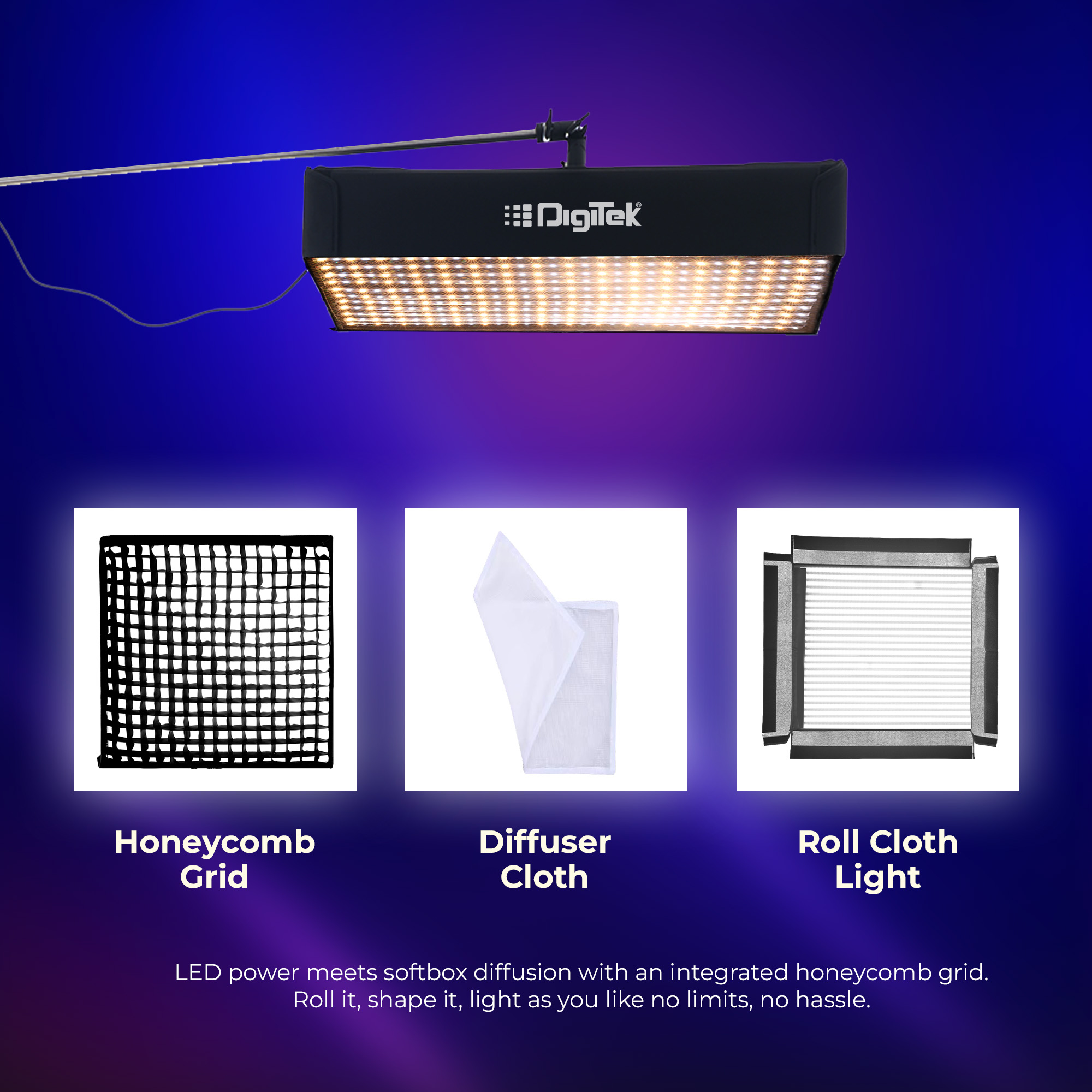 Digitek® (DFFL 6060) 200W Bi-Color Flexible Fabric LED Light with Remote & App Control, 768 LEDs, 2700K–6500K±200K, 5–100% Dimming, 120° Beam Angle, 18000LM, Includes X Bracket, Diffuser, Honeycomb Grid & Accessories, Ideal for Photo & Videography