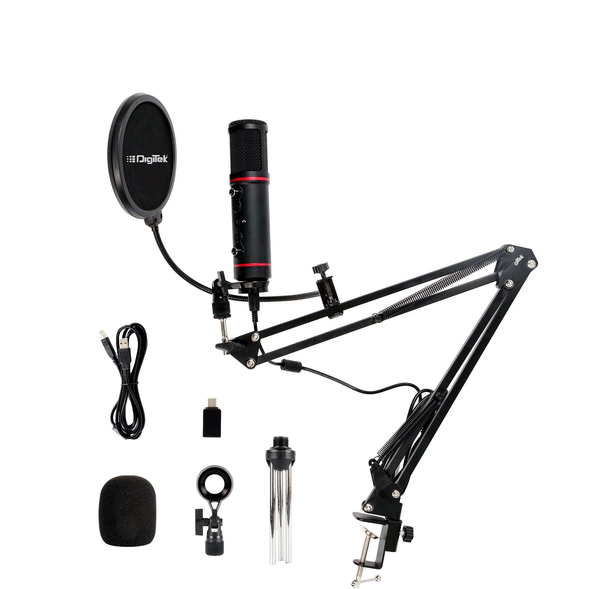 Digitek (DM-501) USB Podcast & Gaming Condenser Microphone Kit with Arm & Pop Filter, High Sensitivity, Noise Cancellation, Vol Adjustment & Mute, Use with PS4, PS5 ,PC & Smartphone for Live Streaming