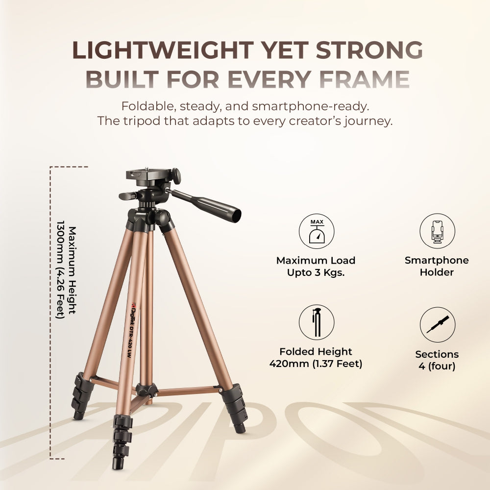 Digitek (DTR 420LW) Tripod for Camera & Smartphone with Holder – 4.26ft Max Height, 3Kg Load, 4-Section Legs, 3-Way Head, Quick Release Plate - Ideal for Photography & Videography
